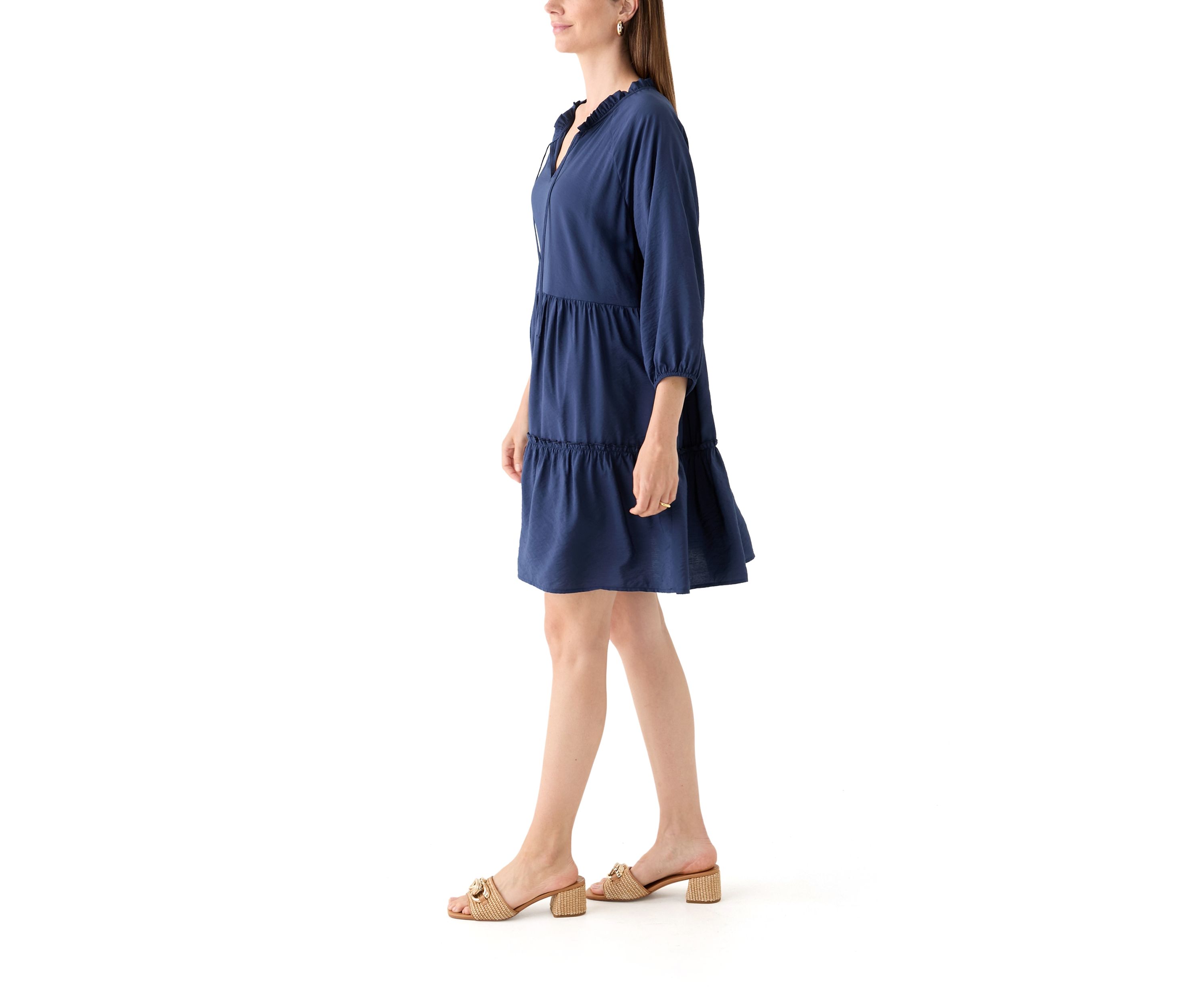 Womens 3/4 Sleeve Split Neck Tiered Mini Dress
