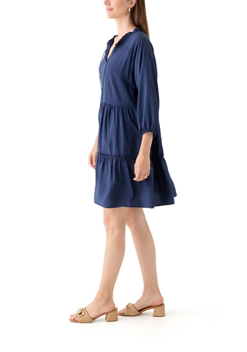 Womens 3/4 Sleeve Split Neck Tiered Mini Dress