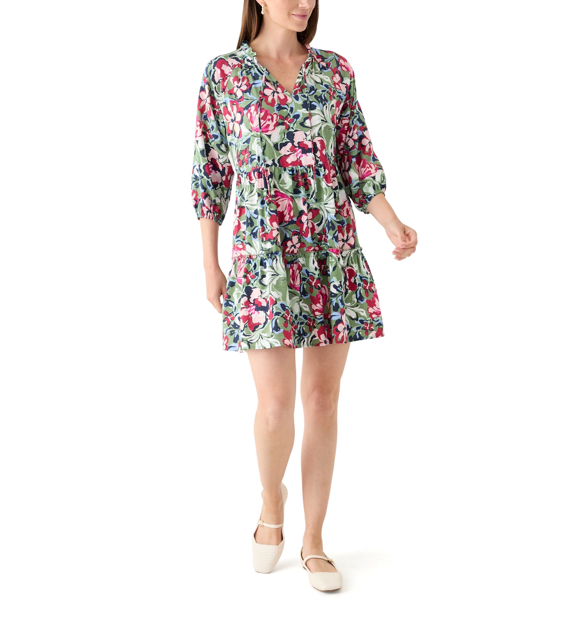 Womens 3/4 Sleeve Split Neck Tiered Printed Mini Dress
