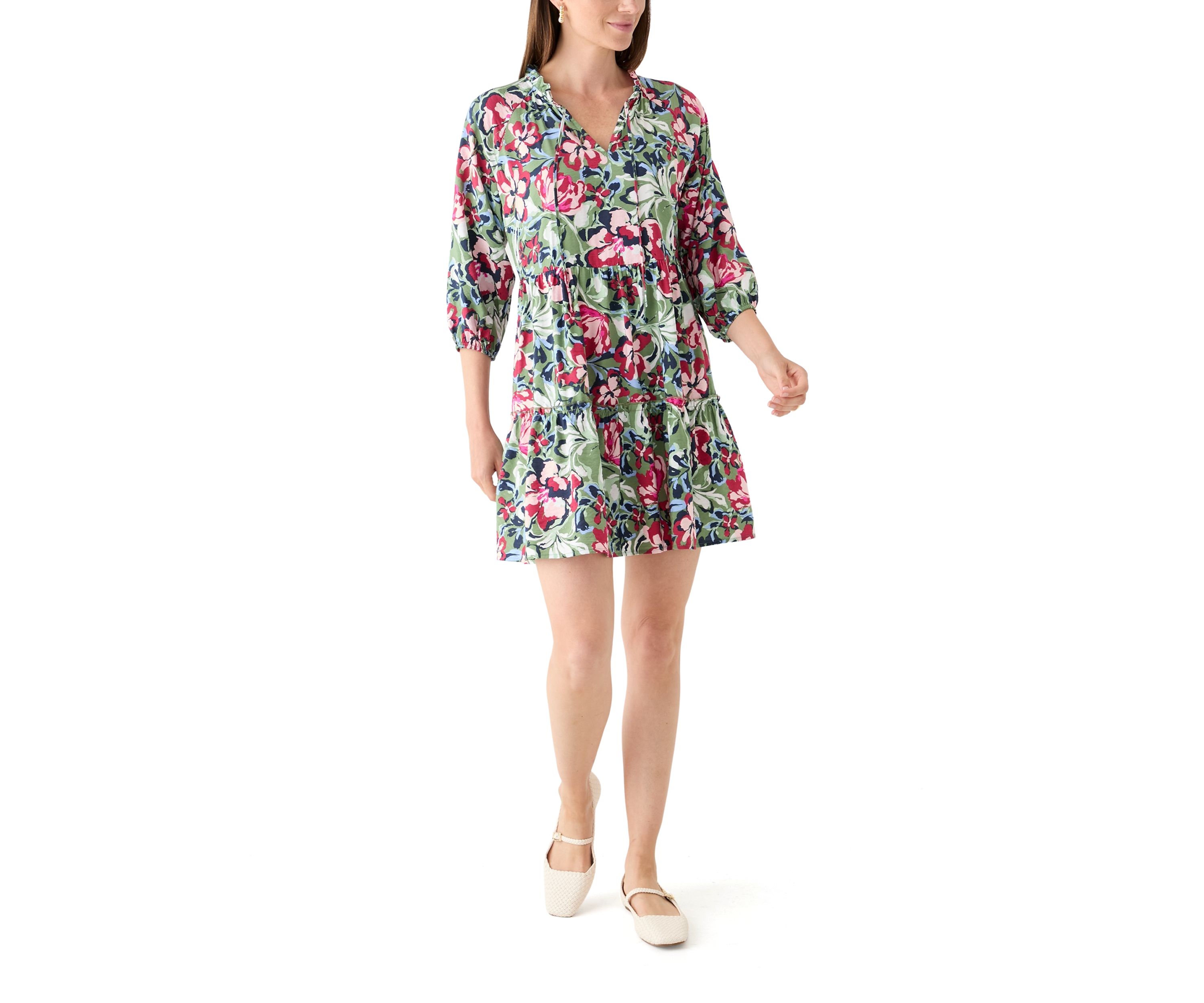 Womens 3/4 Sleeve Split Neck Tiered Printed Mini Dress