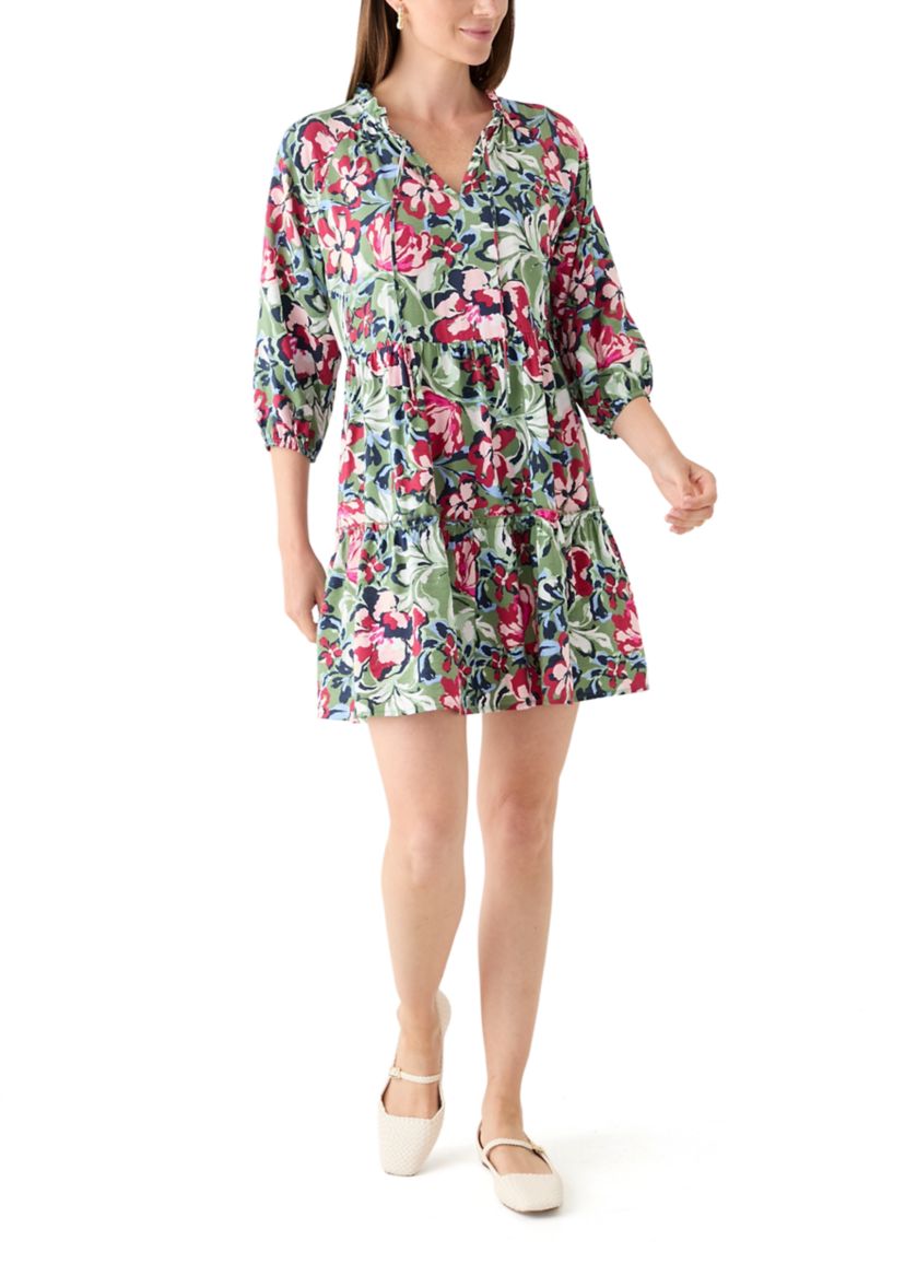 Womens 3/4 Sleeve Split Neck Tiered Printed Mini Dress