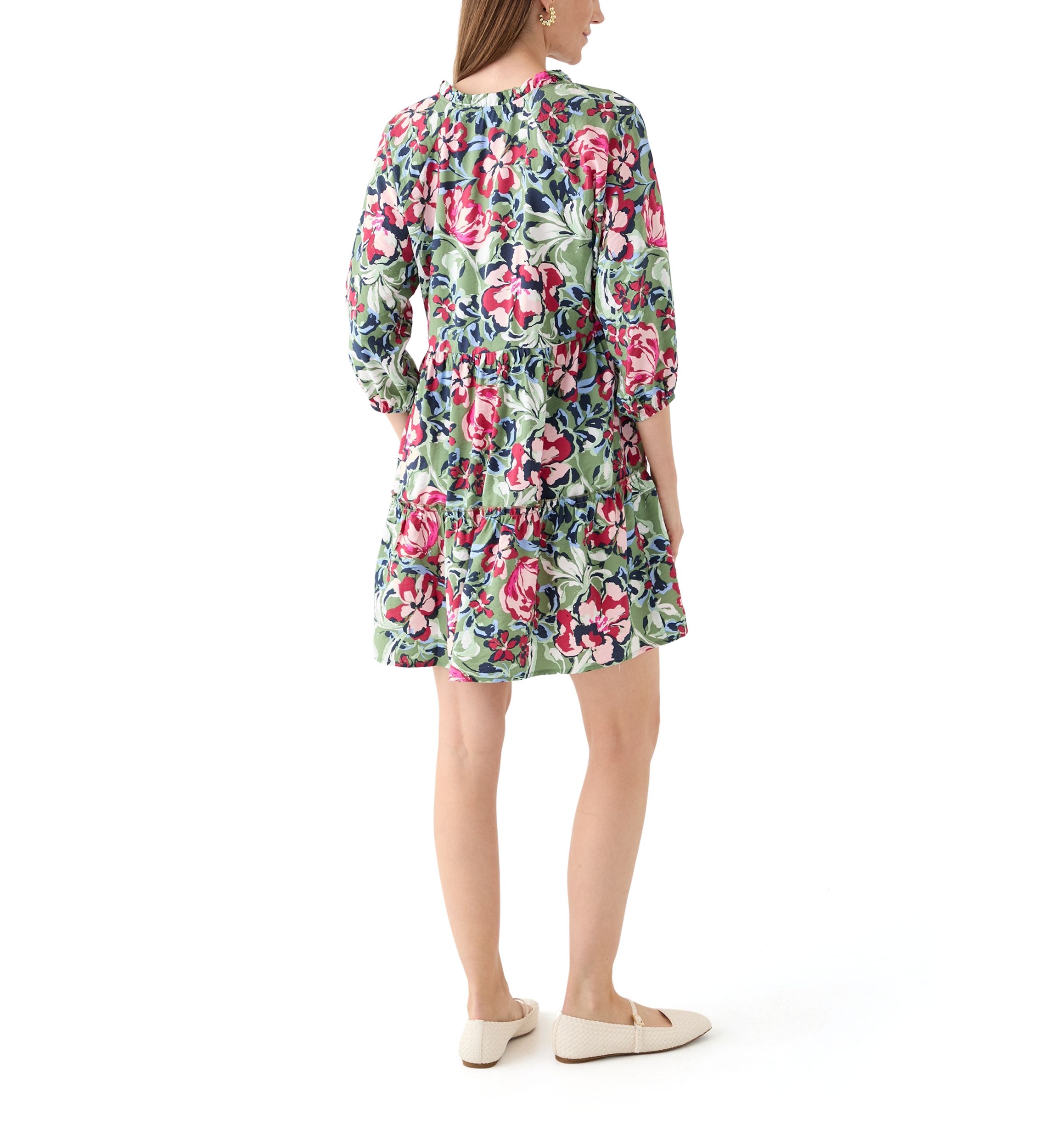 Womens 3/4 Sleeve Split Neck Tiered Printed Mini Dress