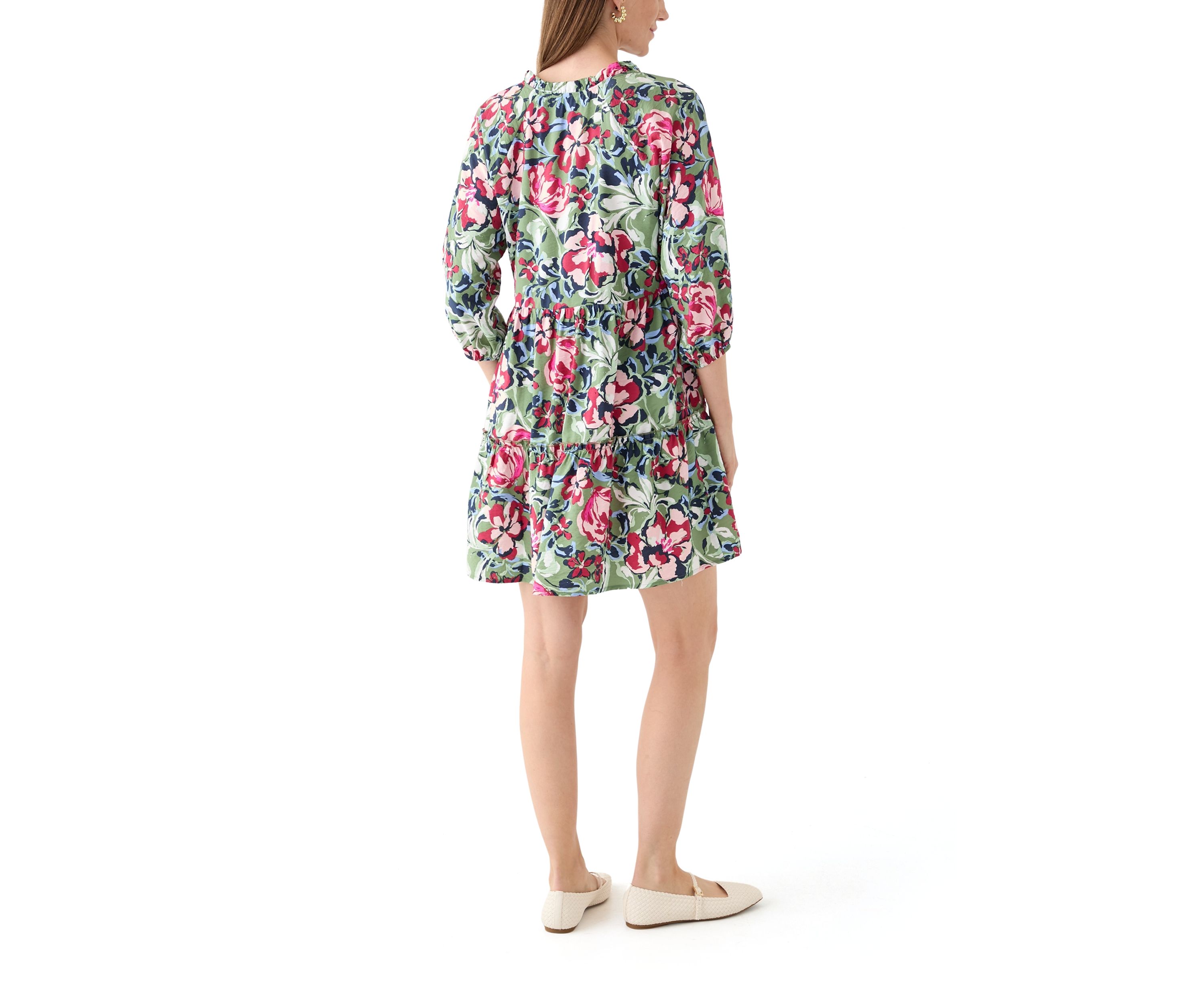 Womens 3/4 Sleeve Split Neck Tiered Printed Mini Dress