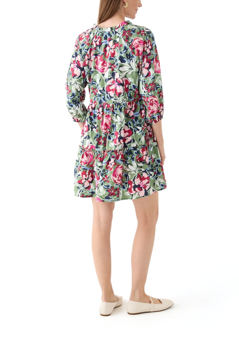 Womens 3/4 Sleeve Split Neck Tiered Printed Mini Dress