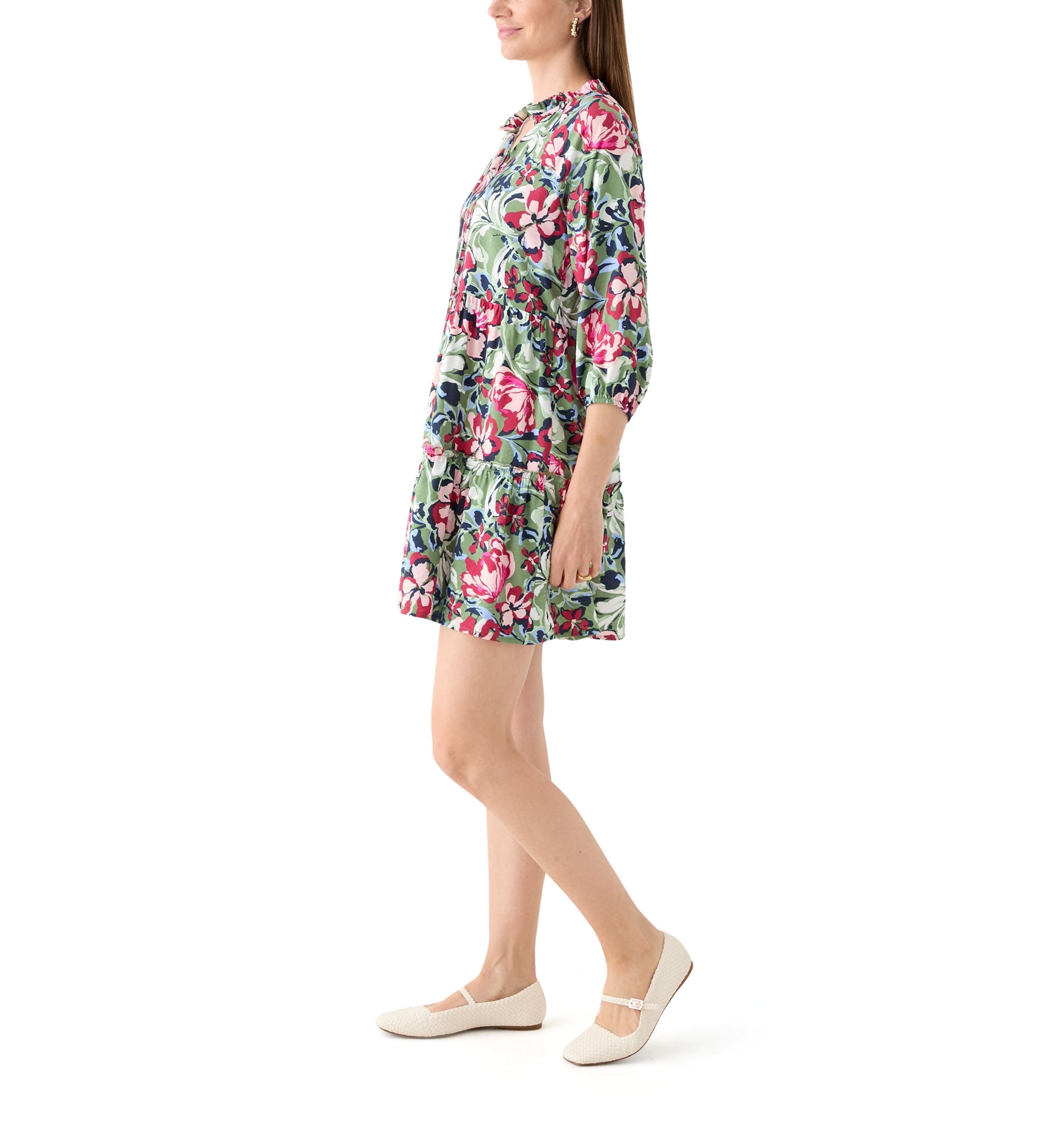 Womens 3/4 Sleeve Split Neck Tiered Printed Mini Dress