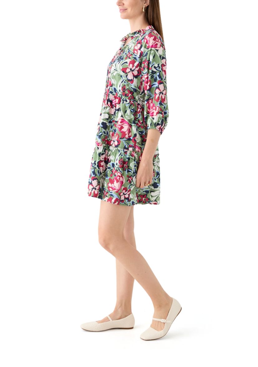Womens 3/4 Sleeve Split Neck Tiered Printed Mini Dress