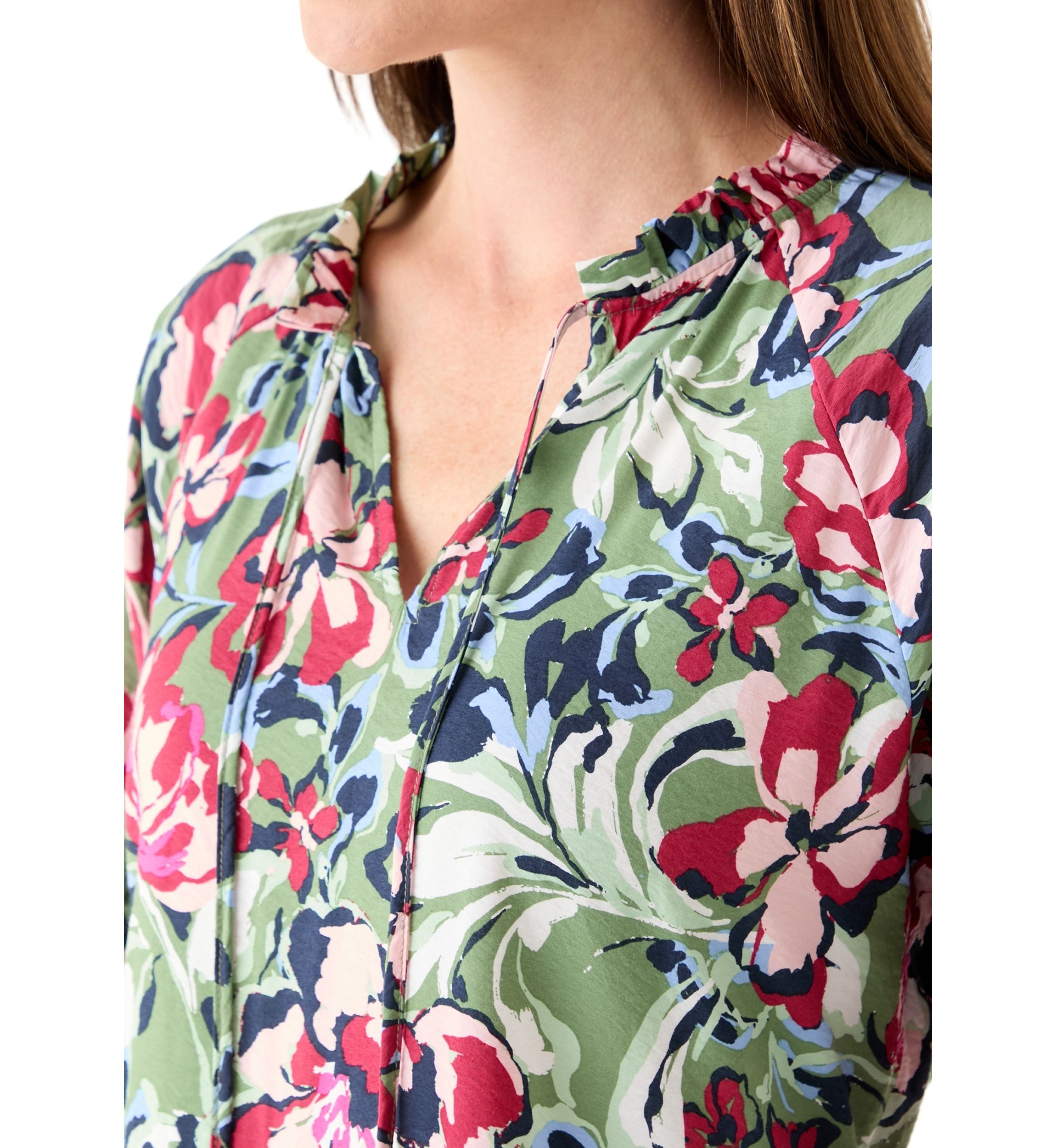 Womens 3/4 Sleeve Split Neck Tiered Printed Mini Dress