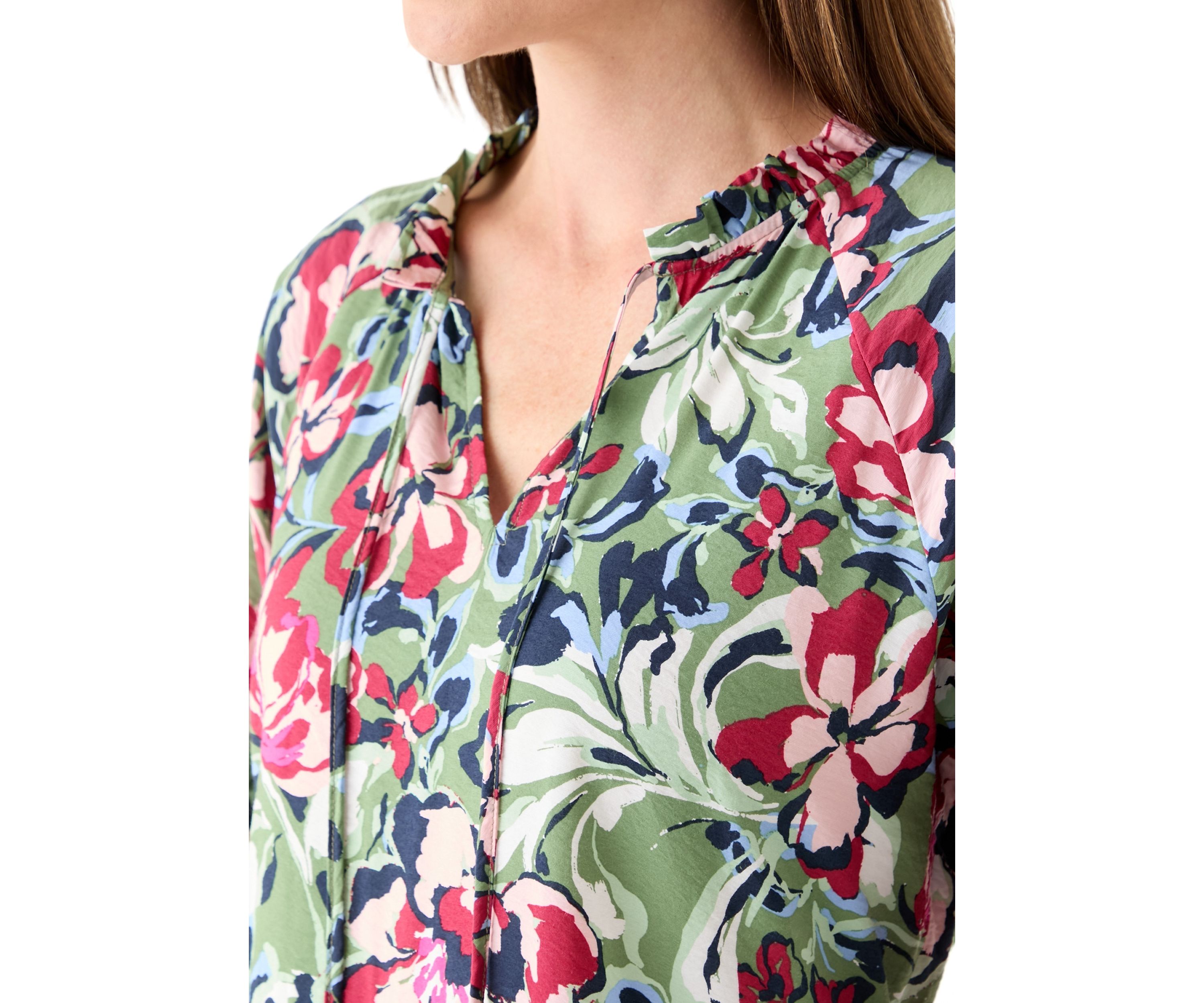 Womens 3/4 Sleeve Split Neck Tiered Printed Mini Dress