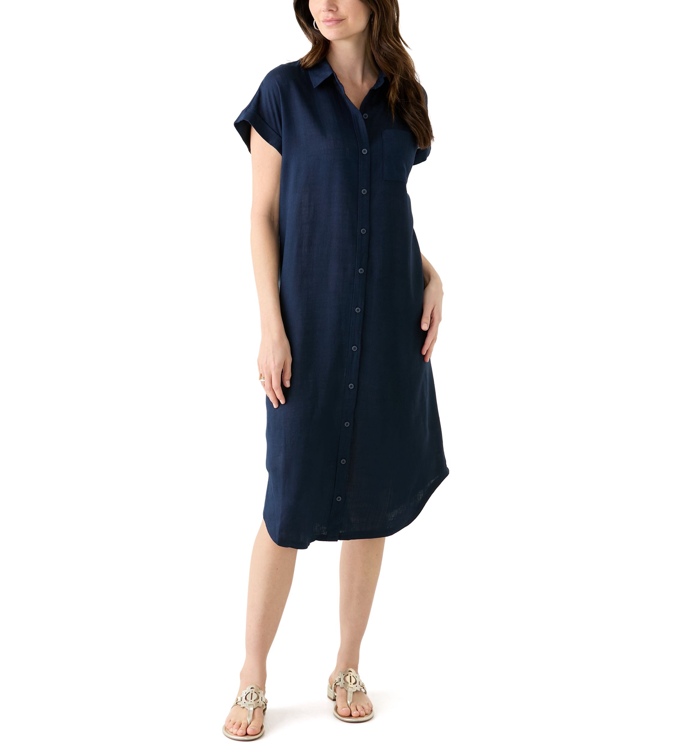 Womens Solid Linen Midi Shirtdress