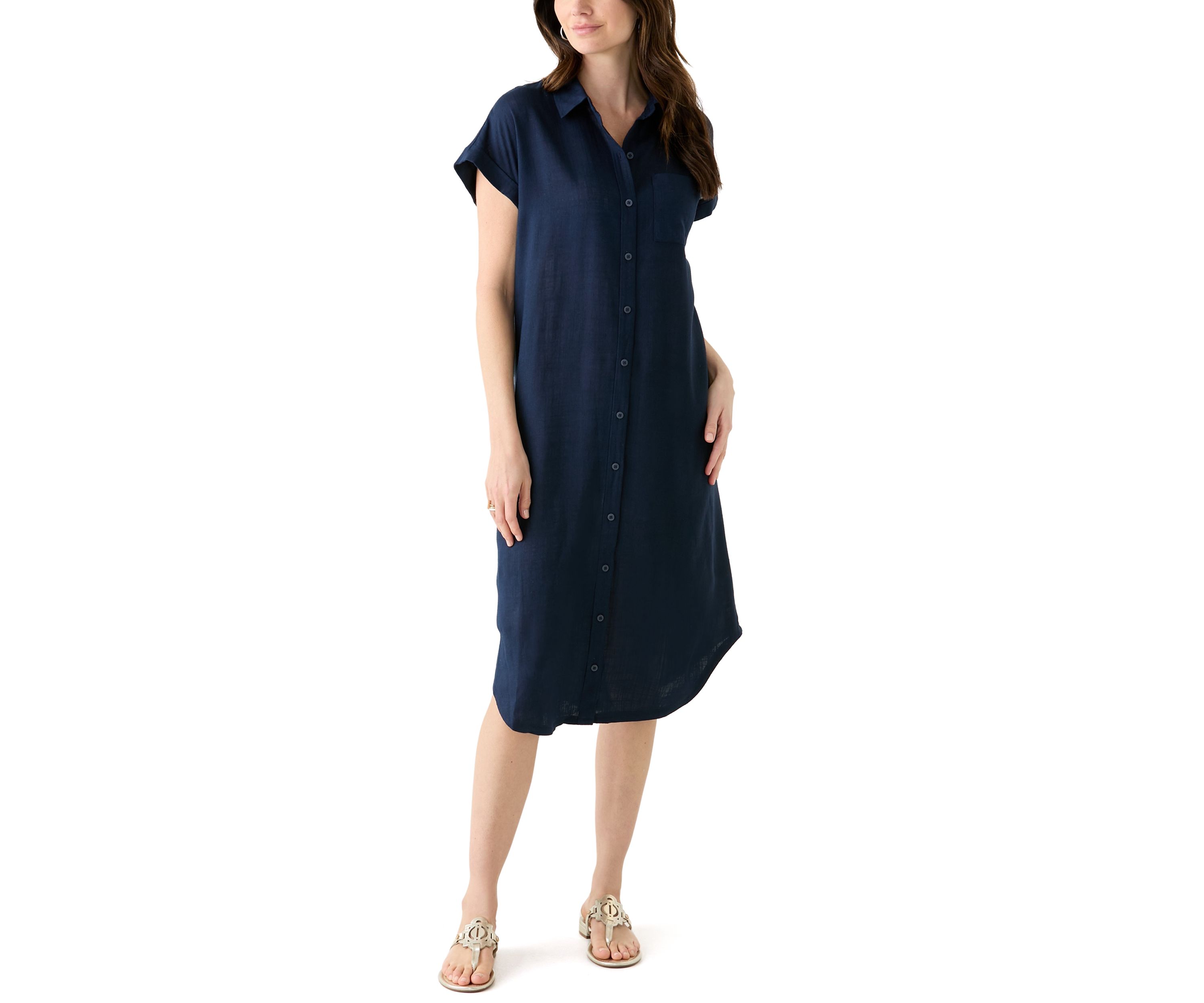 Womens Solid Linen Midi Shirtdress