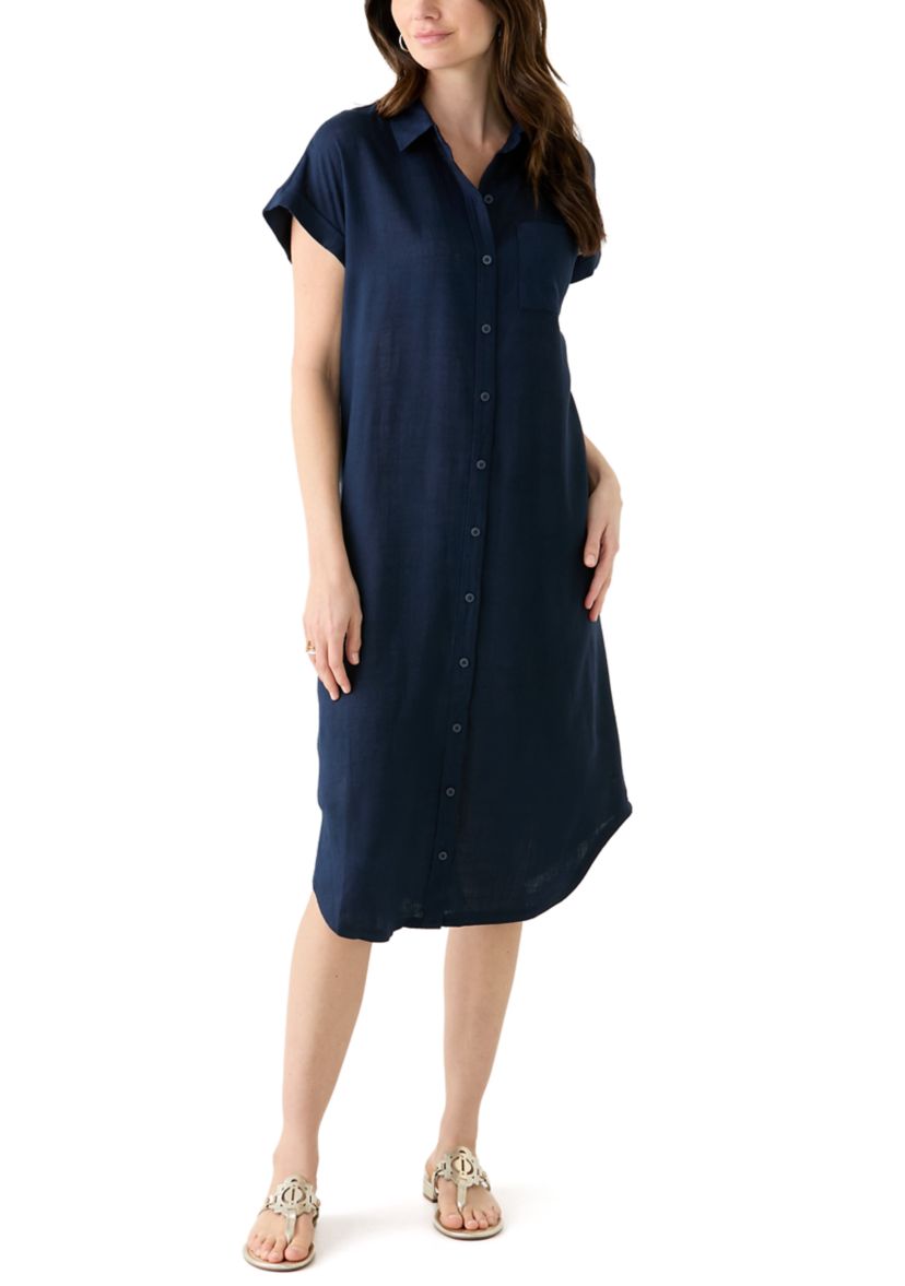 Womens Solid Linen Midi Shirtdress