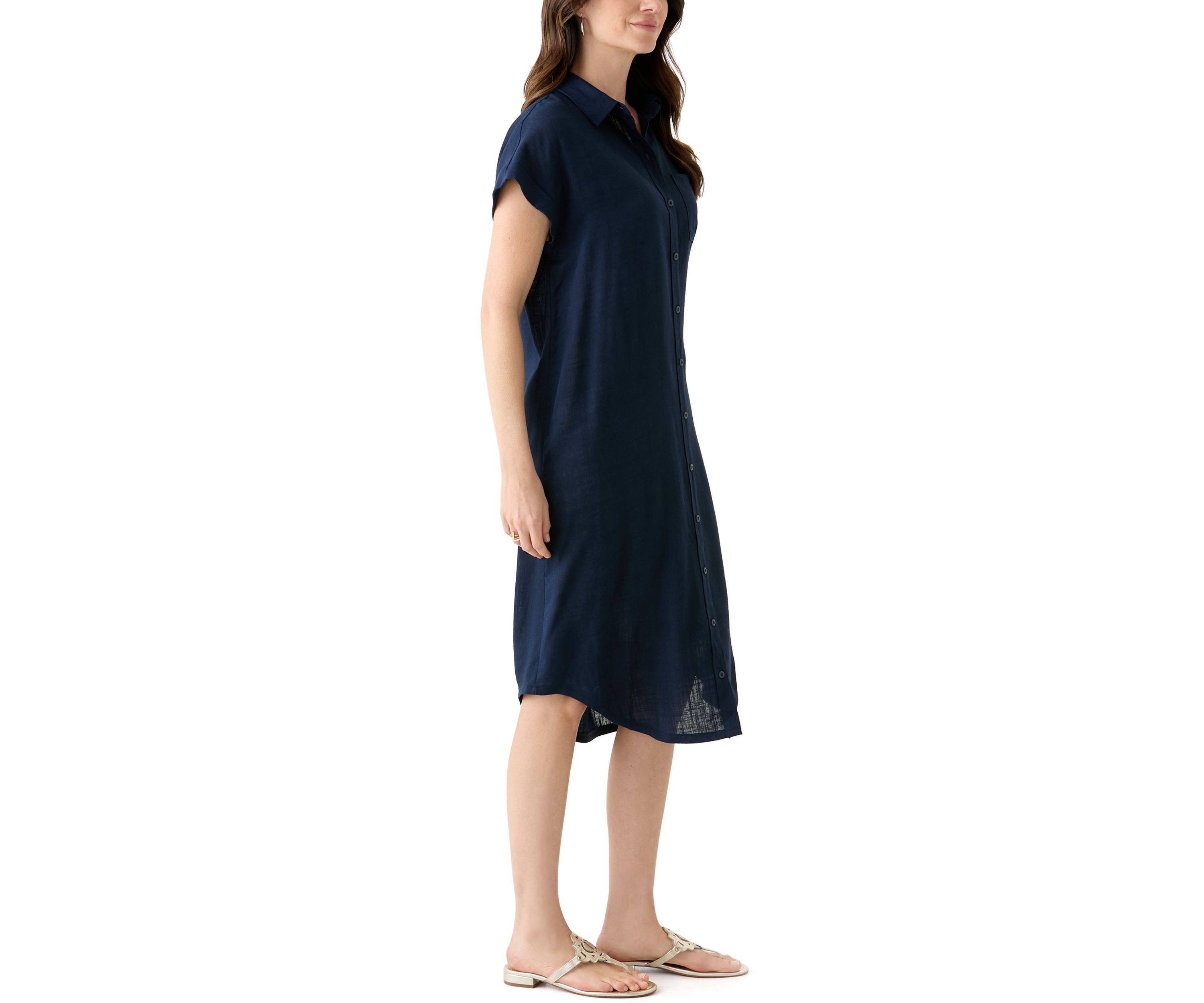 Womens Solid Linen Midi Shirtdress
