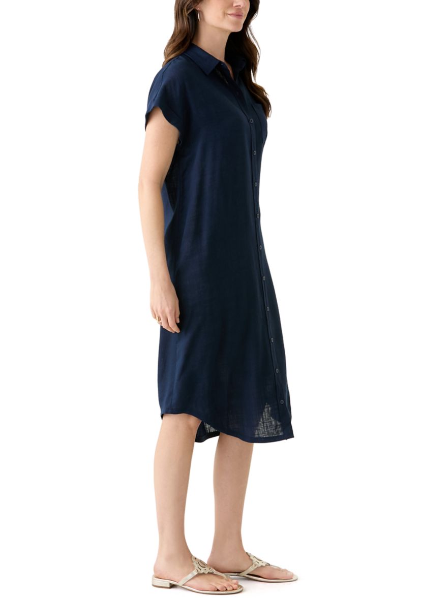 Womens Solid Linen Midi Shirtdress