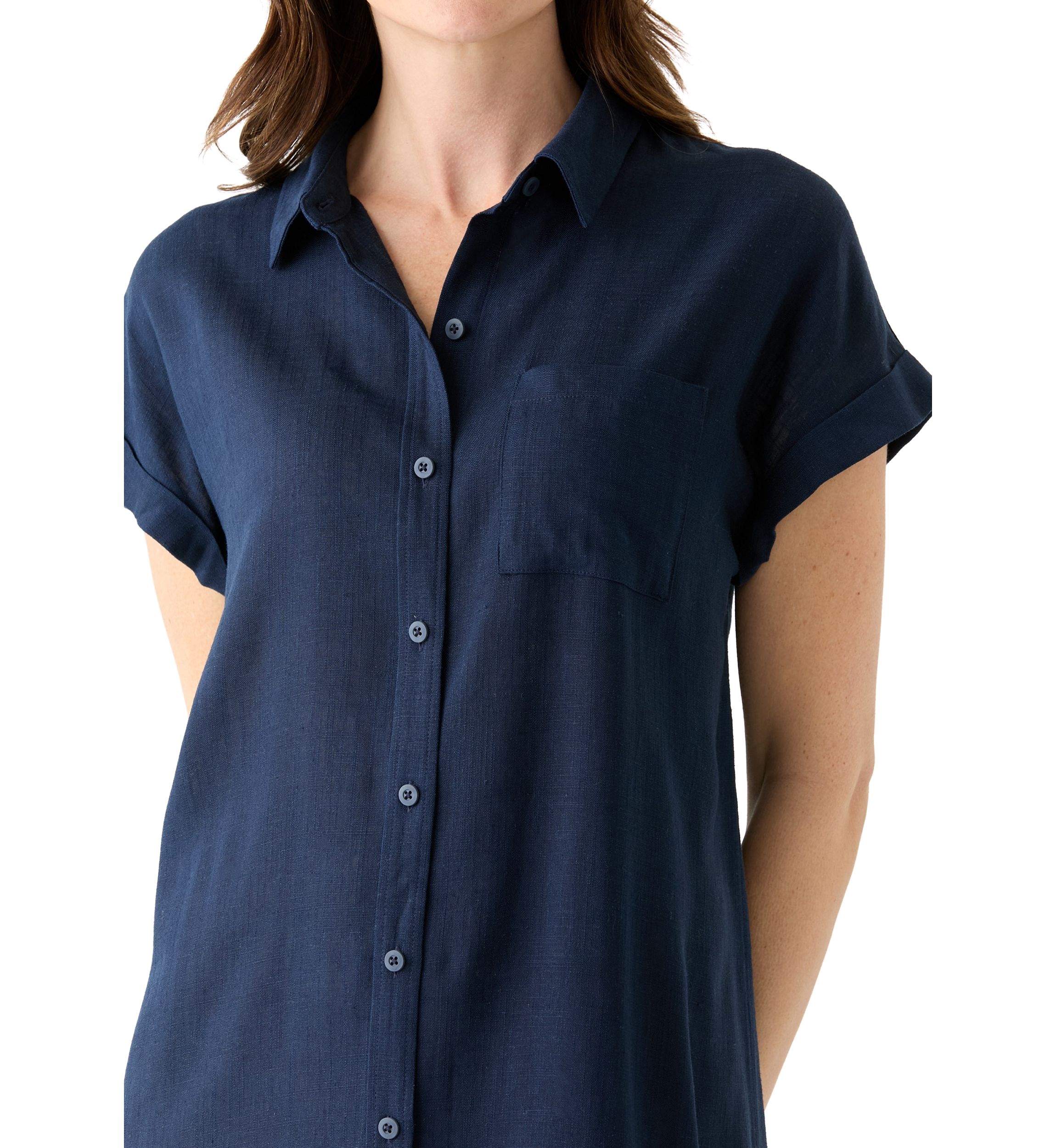 Womens Solid Linen Midi Shirtdress