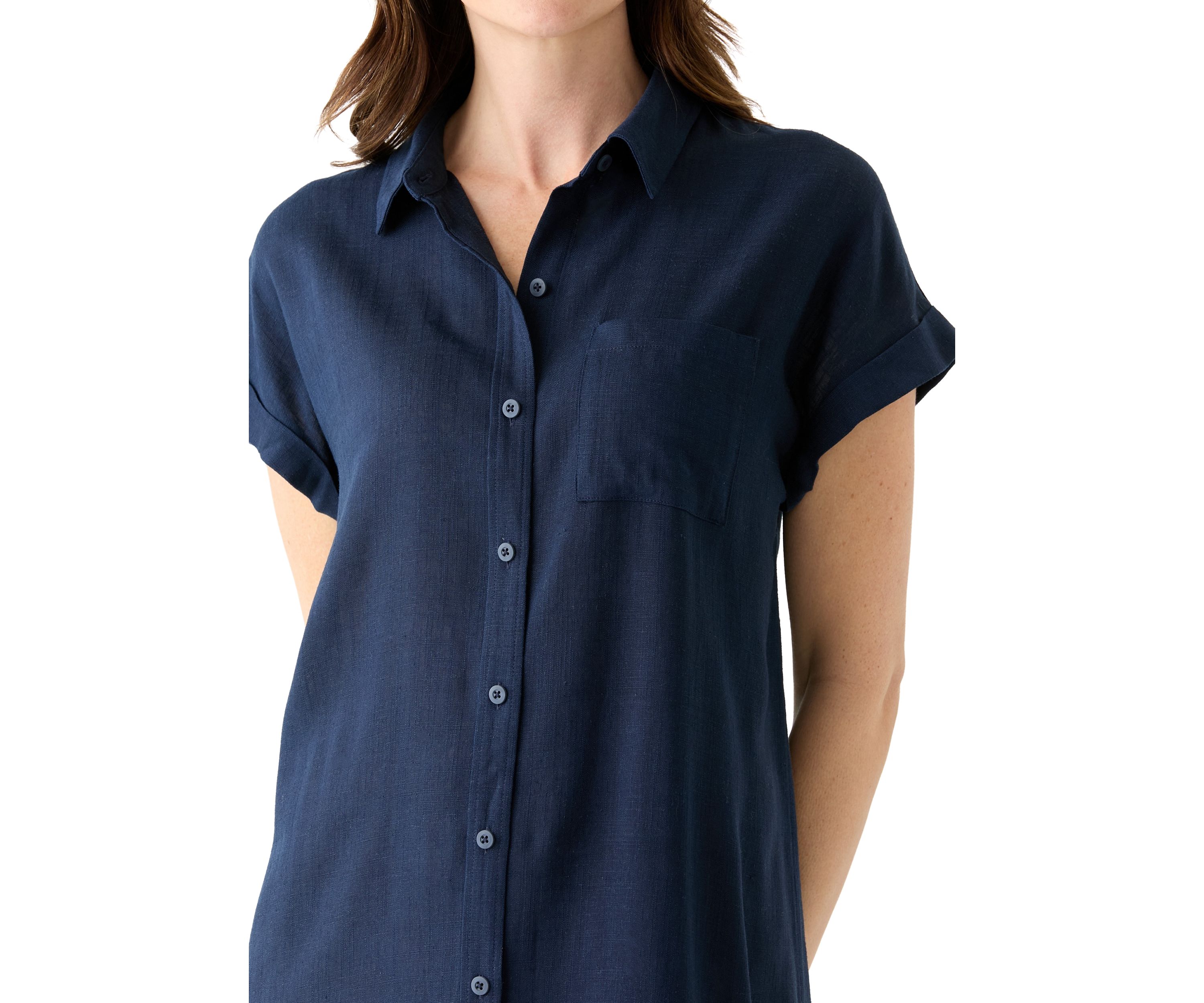 Womens Solid Linen Midi Shirtdress