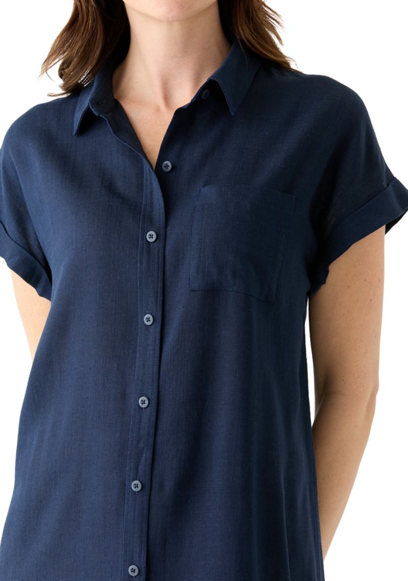 Womens Solid Linen Midi Shirtdress