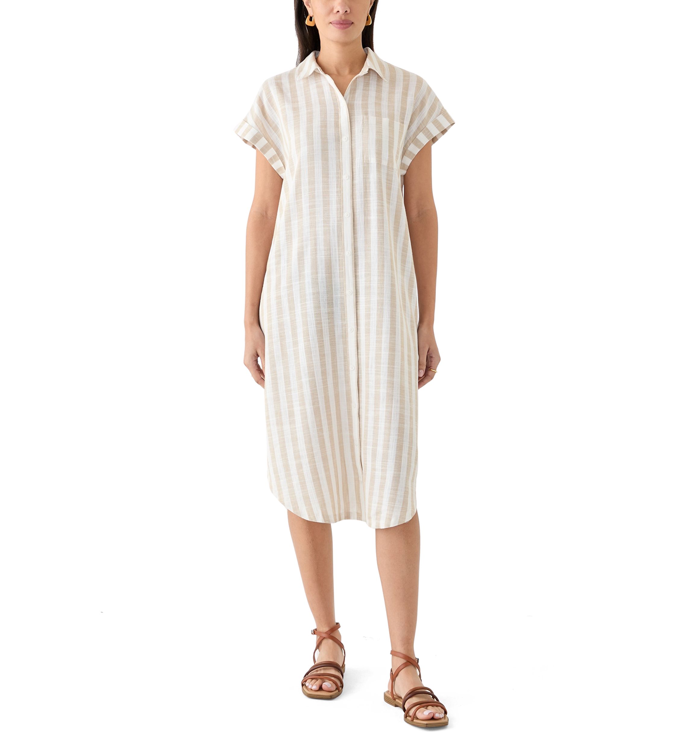 Womens Short Sleeve Yarn Dyed Midi Shirtdress