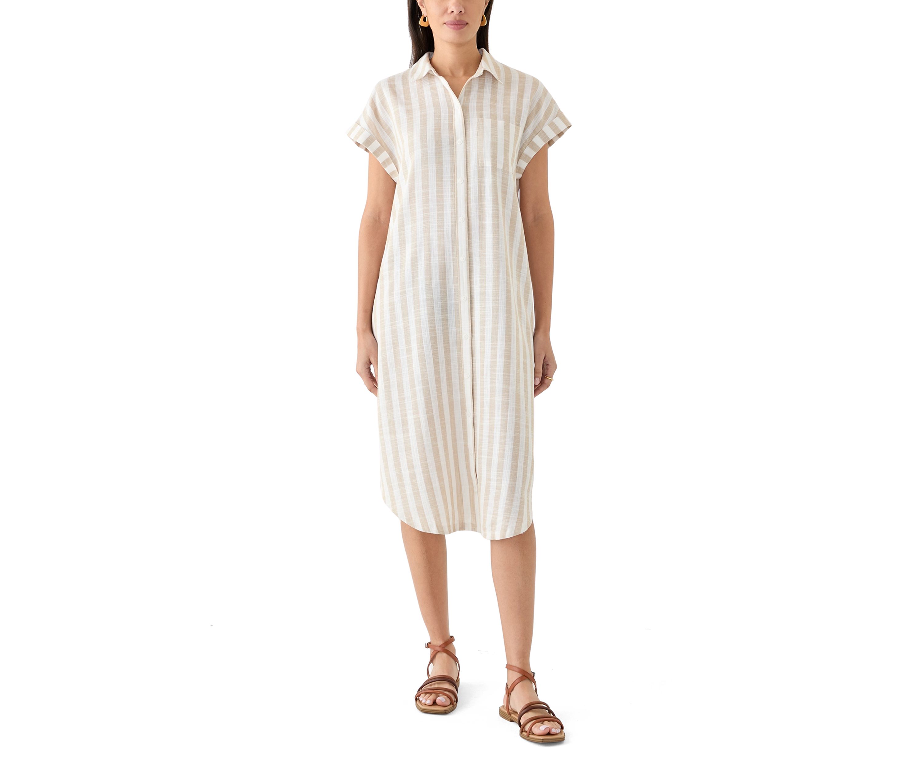 Womens Short Sleeve Yarn Dyed Midi Shirtdress