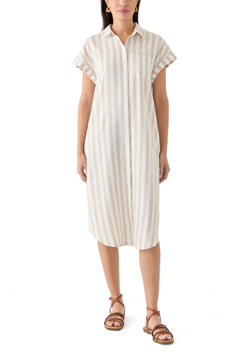 Womens Short Sleeve Yarn Dyed Midi Shirtdress