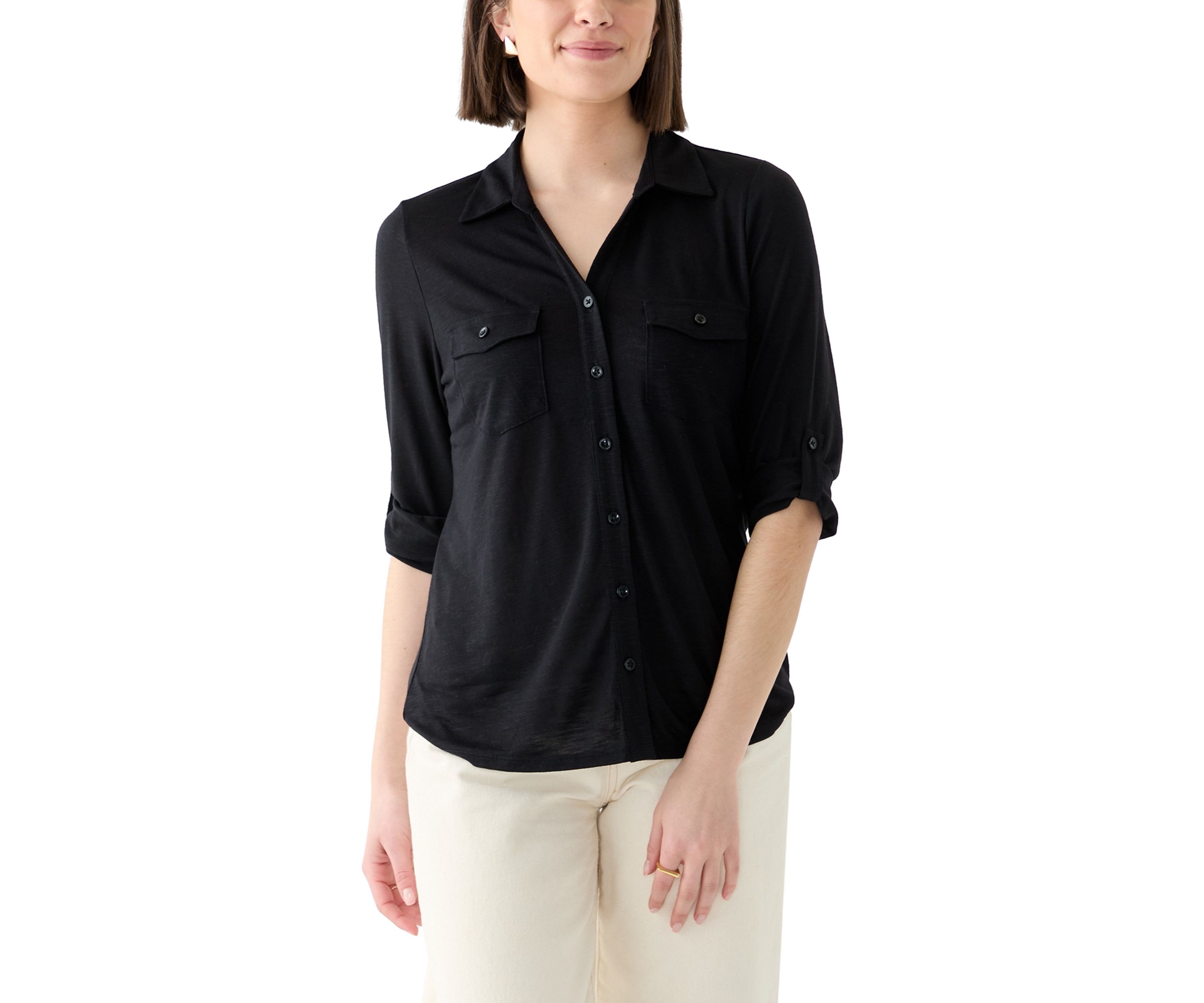 Womens 3/4 Sleeve Button Front Blouse