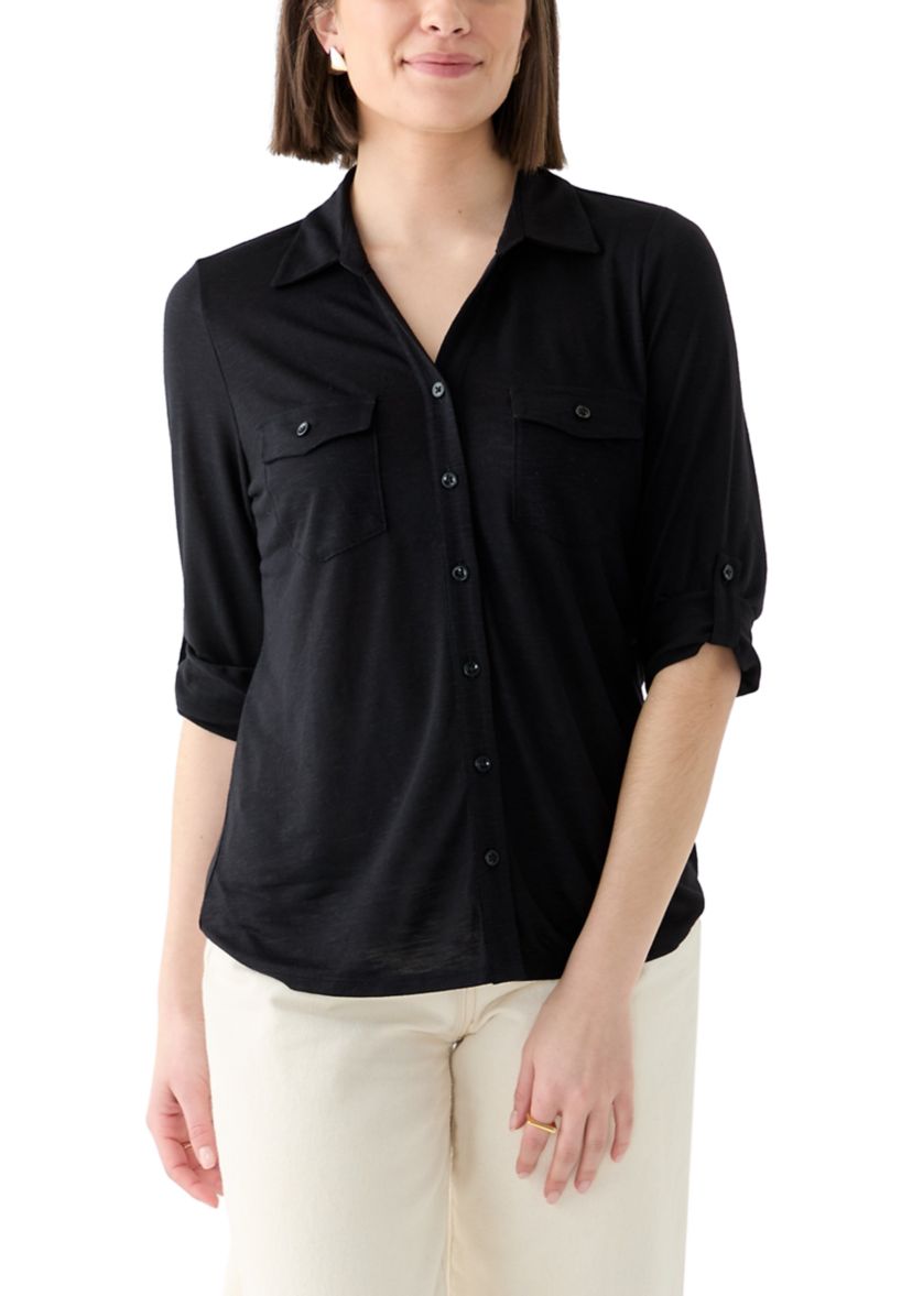 Womens 3/4 Sleeve Button Front Blouse