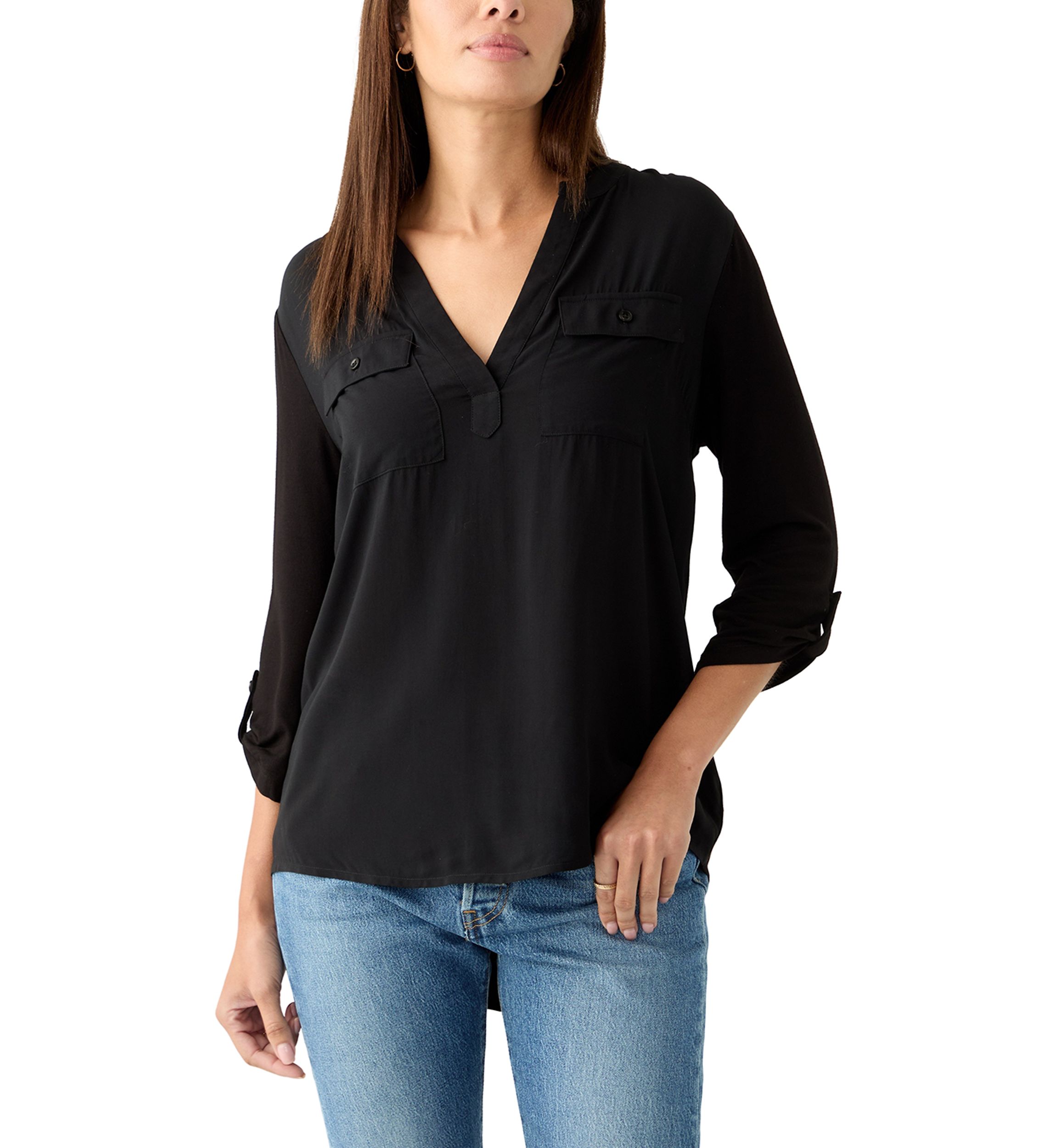 Womens Knit Woven V-Neck Top