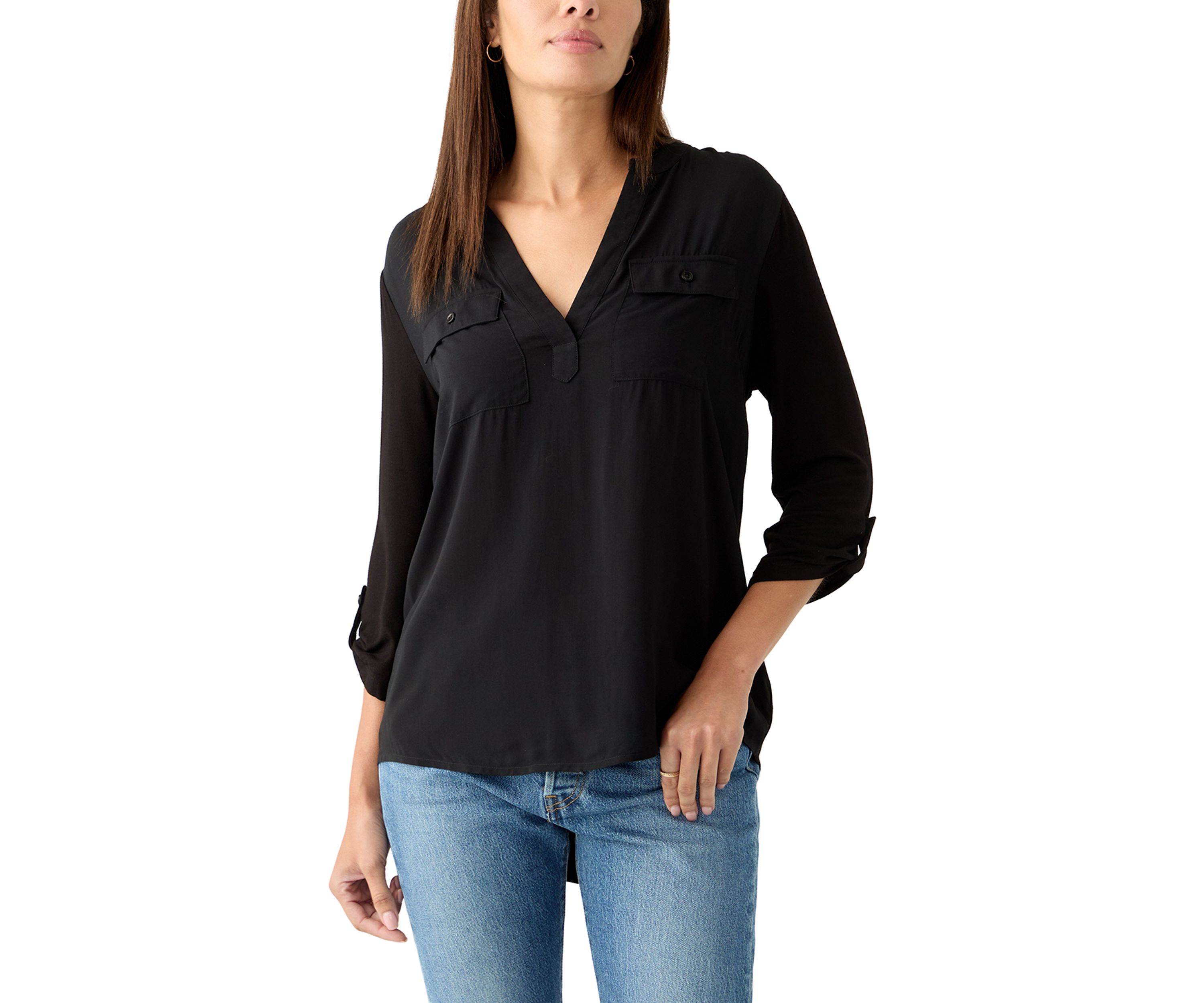 Womens Knit Woven V-Neck Top
