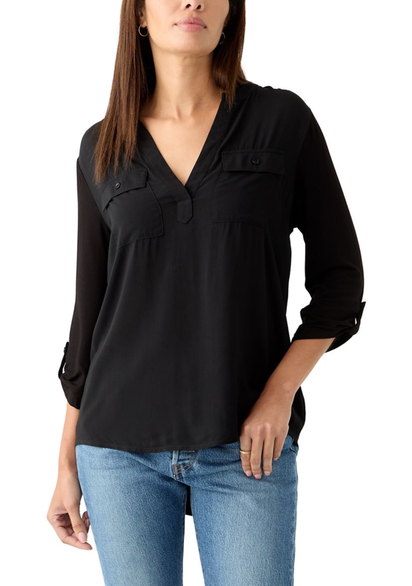 Womens Knit Woven V-Neck Top