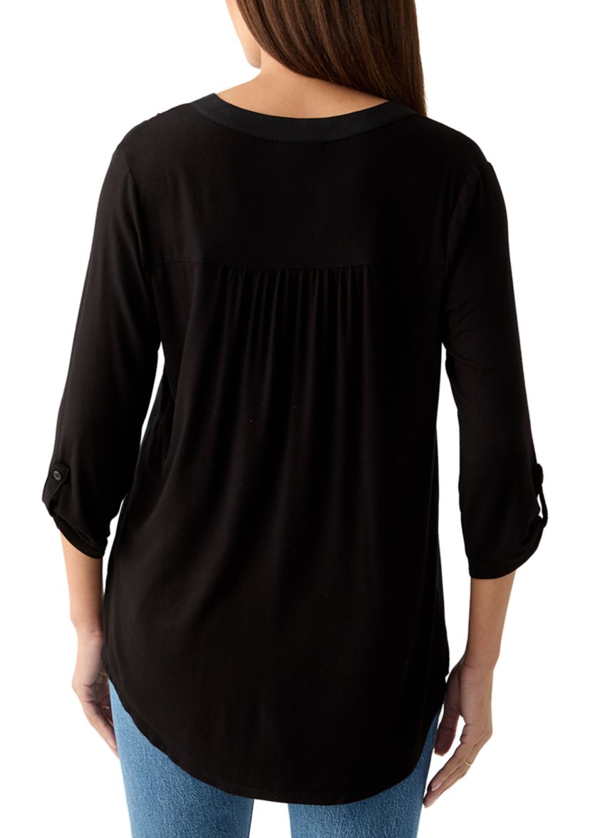 Womens Knit Woven V-Neck Top