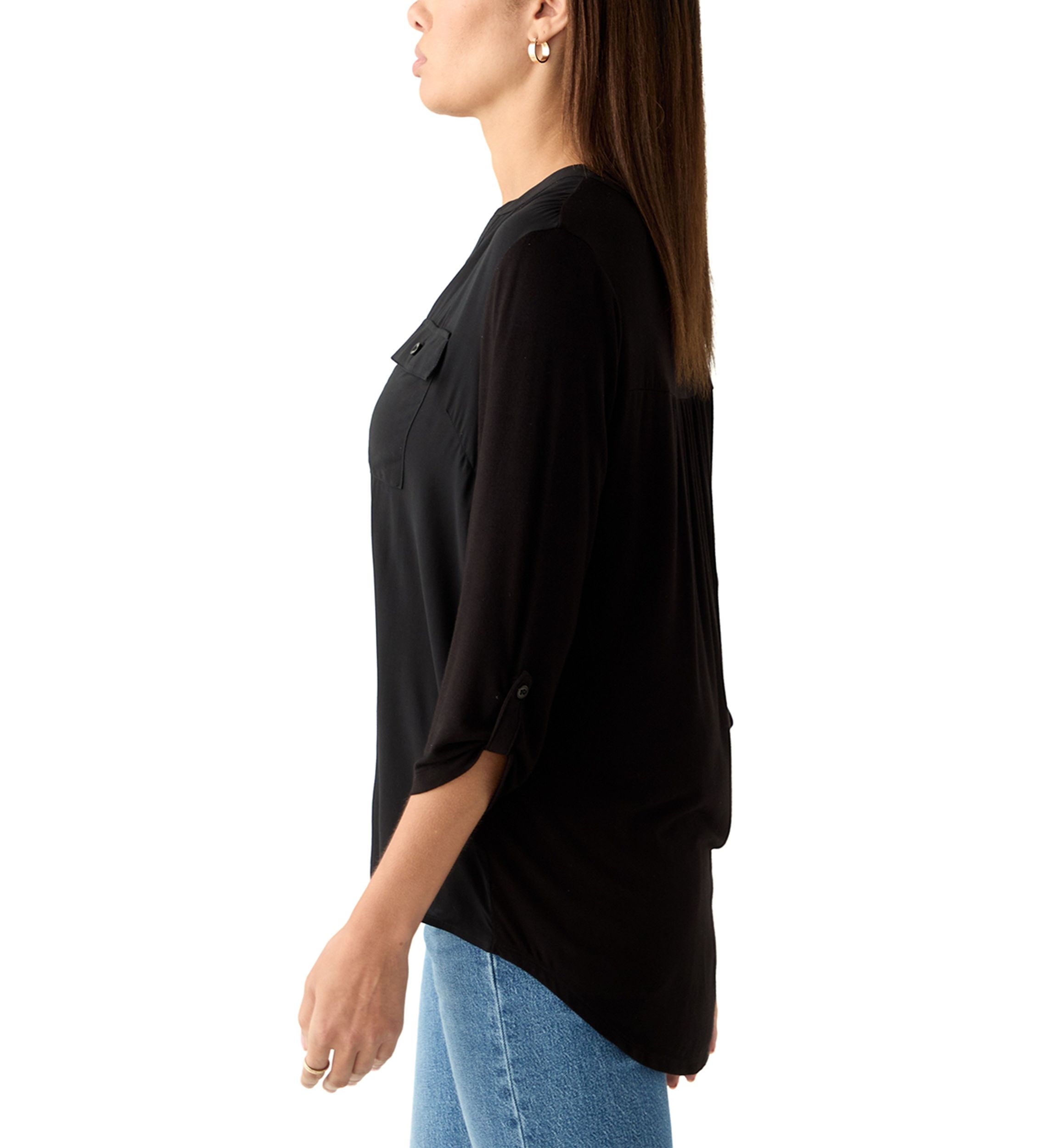 Womens Knit Woven V-Neck Top