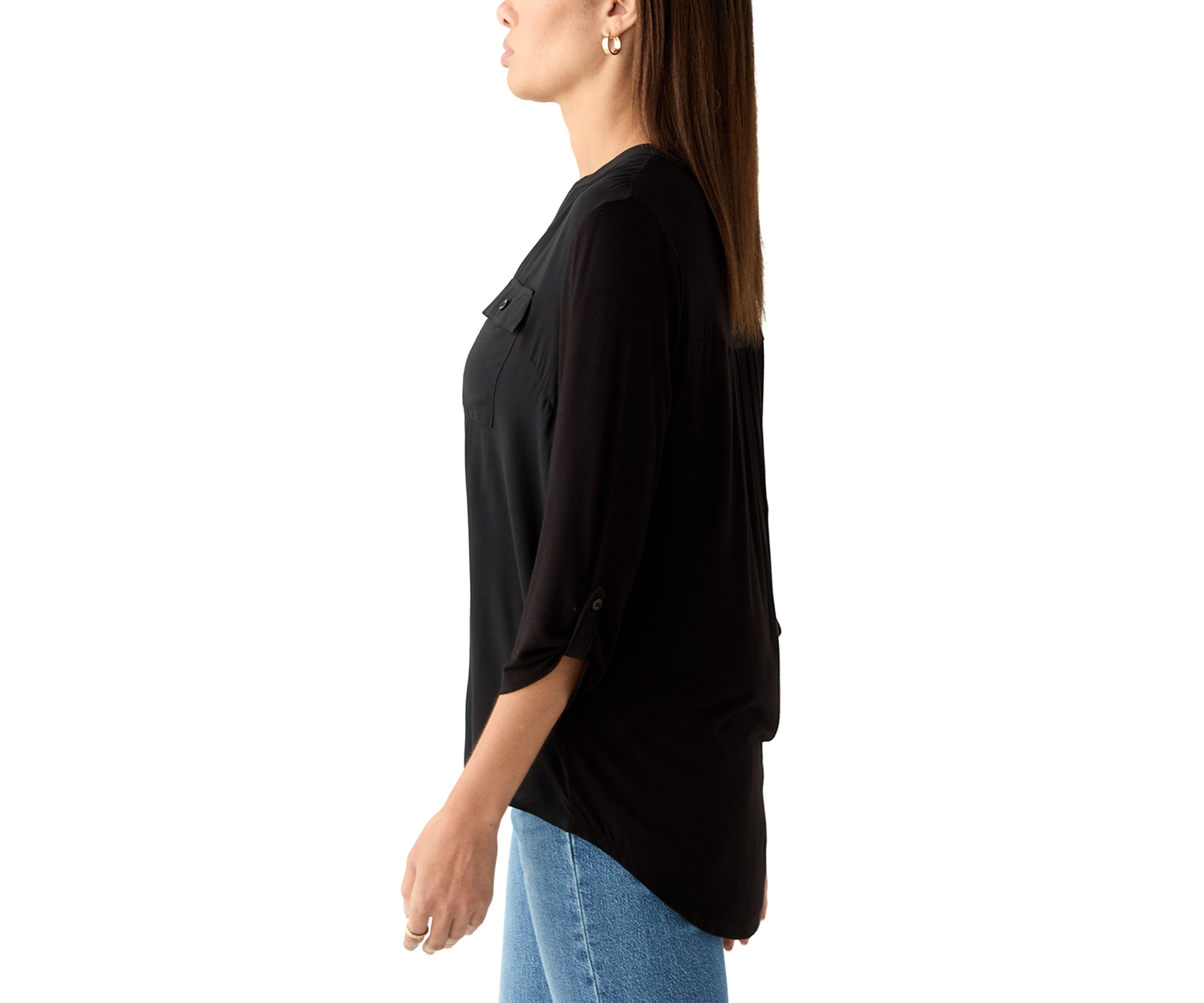 Womens Knit Woven V-Neck Top