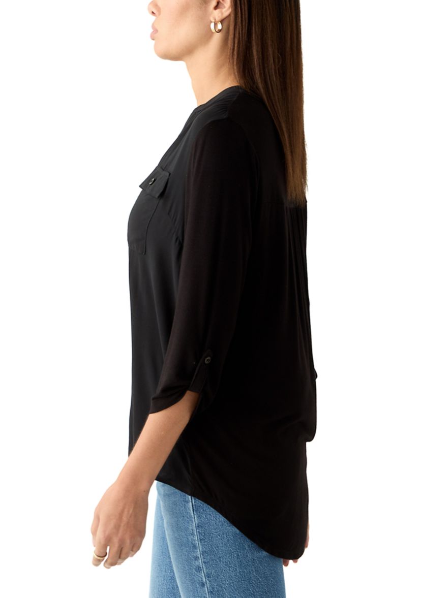 Womens Knit Woven V-Neck Top