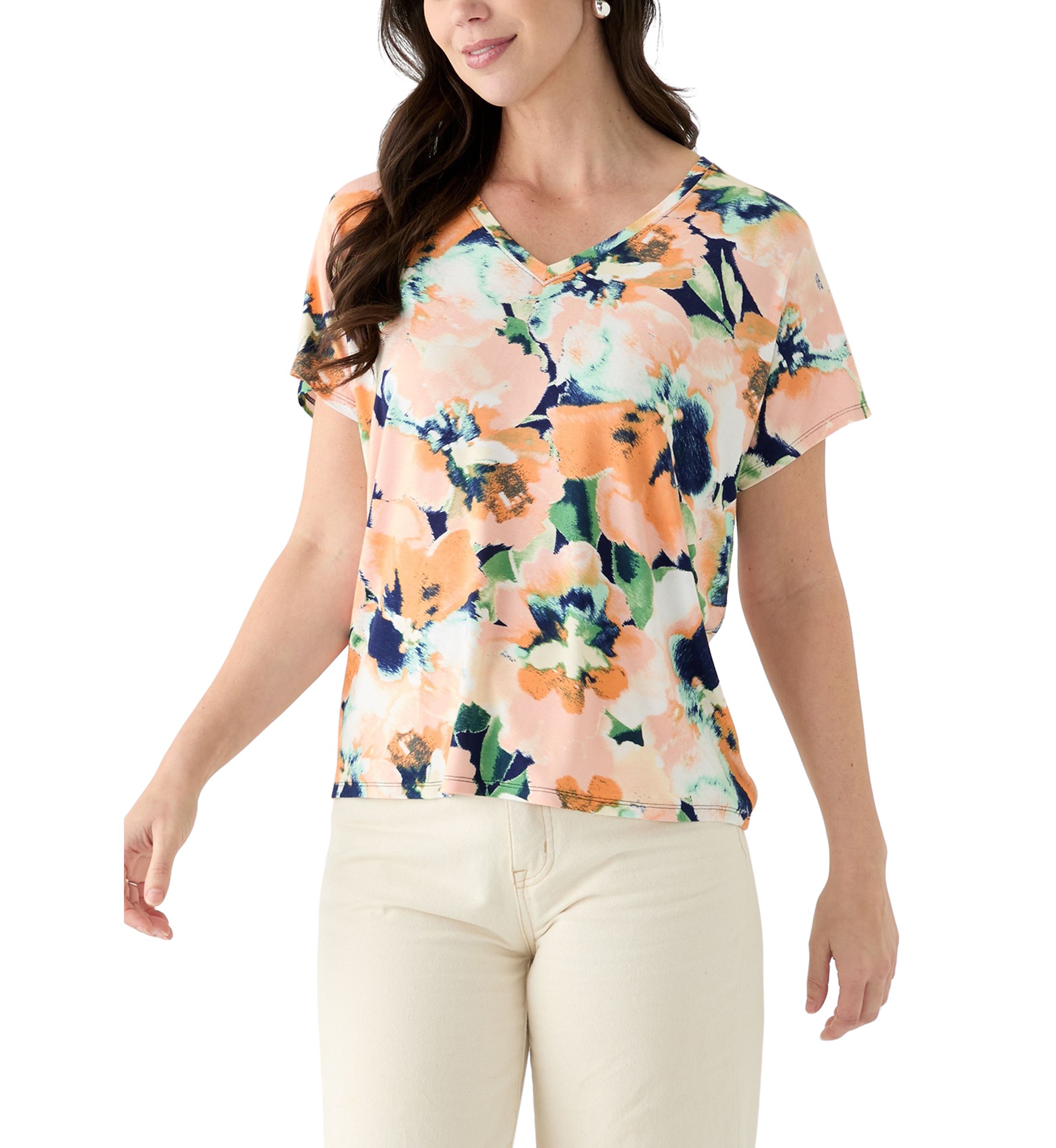Womens Short Sleeve V-Neck Printed T-Shirt