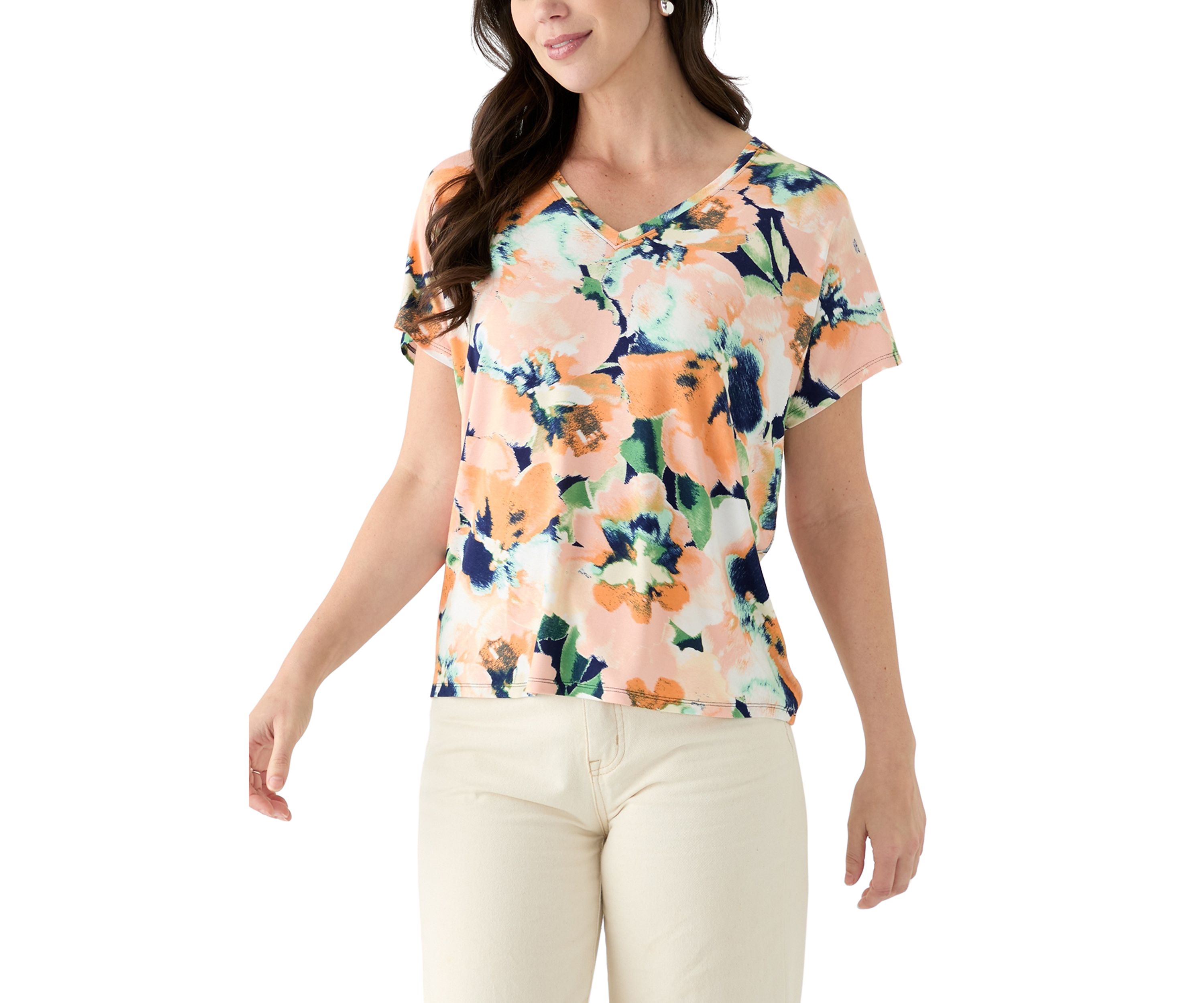 Womens Short Sleeve V-Neck Printed T-Shirt