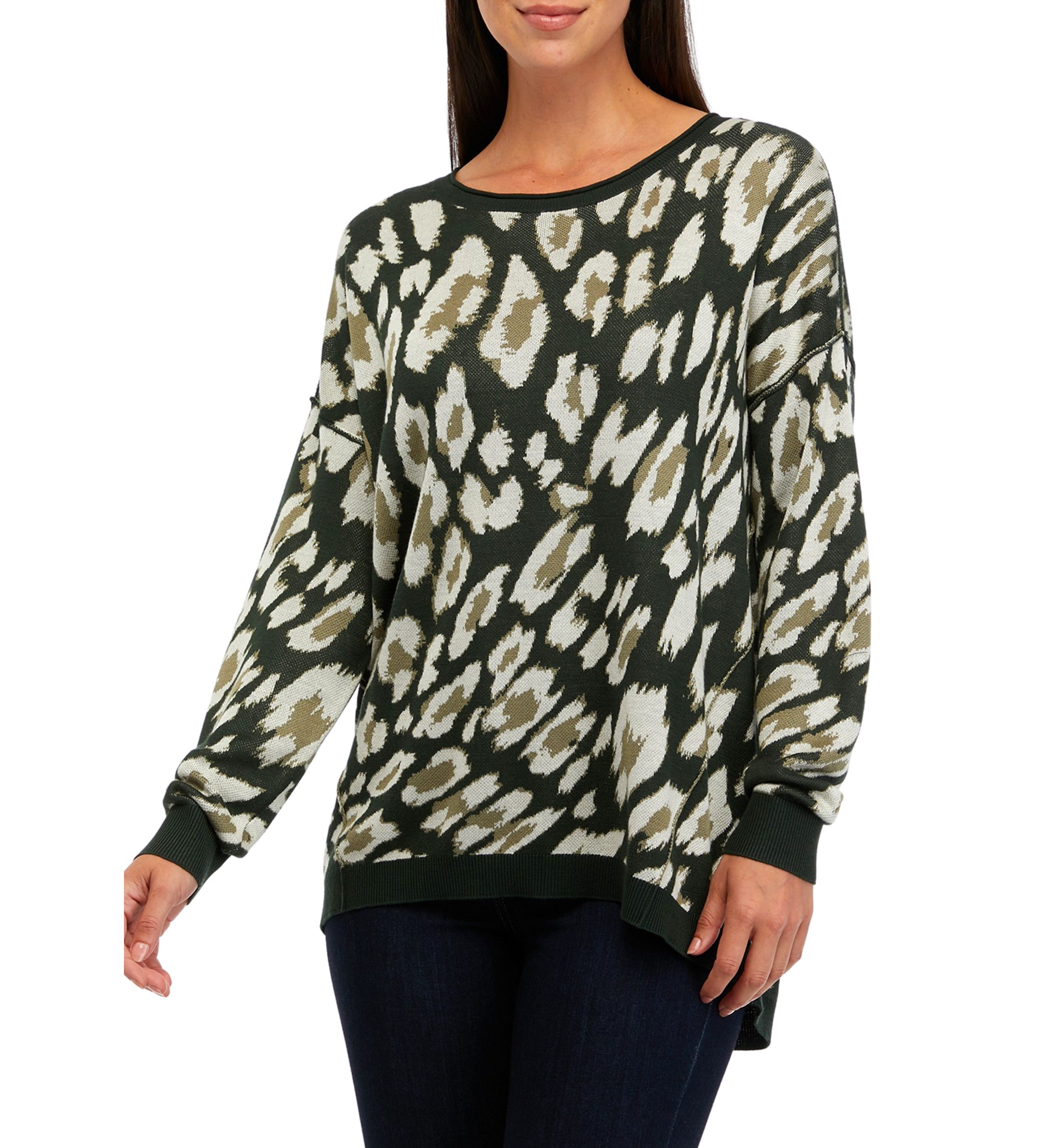 Petite Long Sleeve Crew Neck Pullover Jacquard Sweater