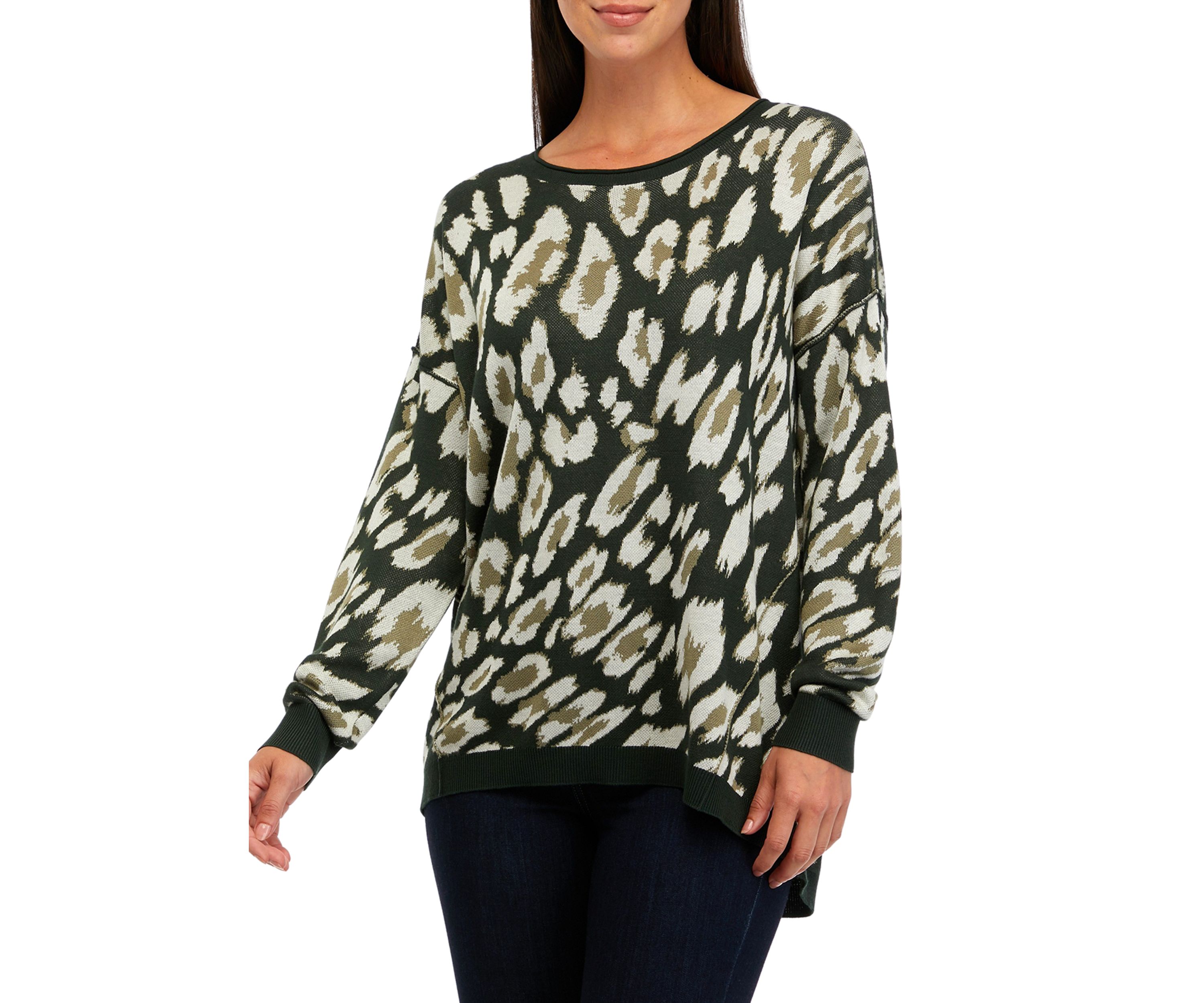 Petite Long Sleeve Crew Neck Pullover Jacquard Sweater
