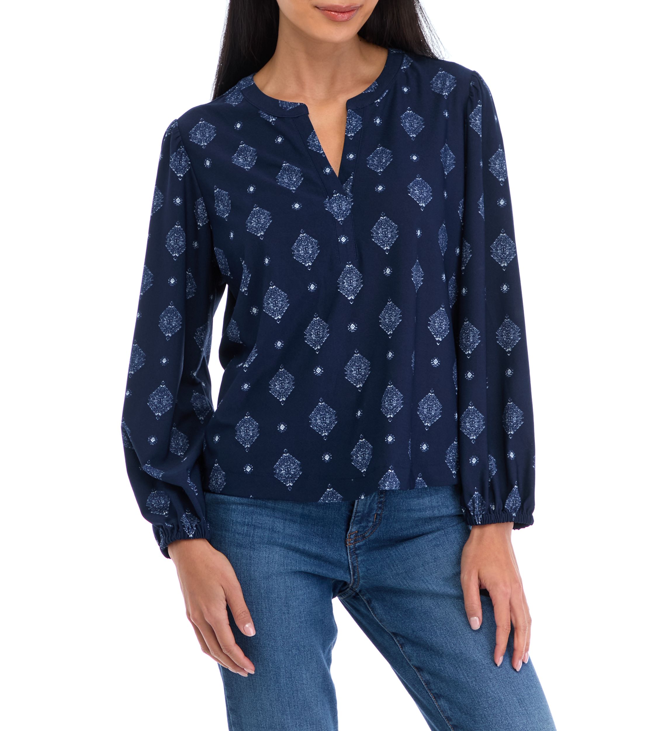 Petite Long Sleeve Printed Blouse