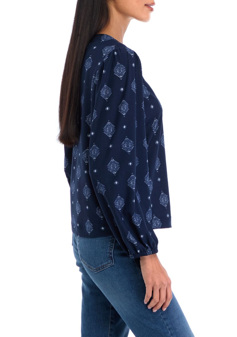 Petite Long Sleeve Printed Blouse