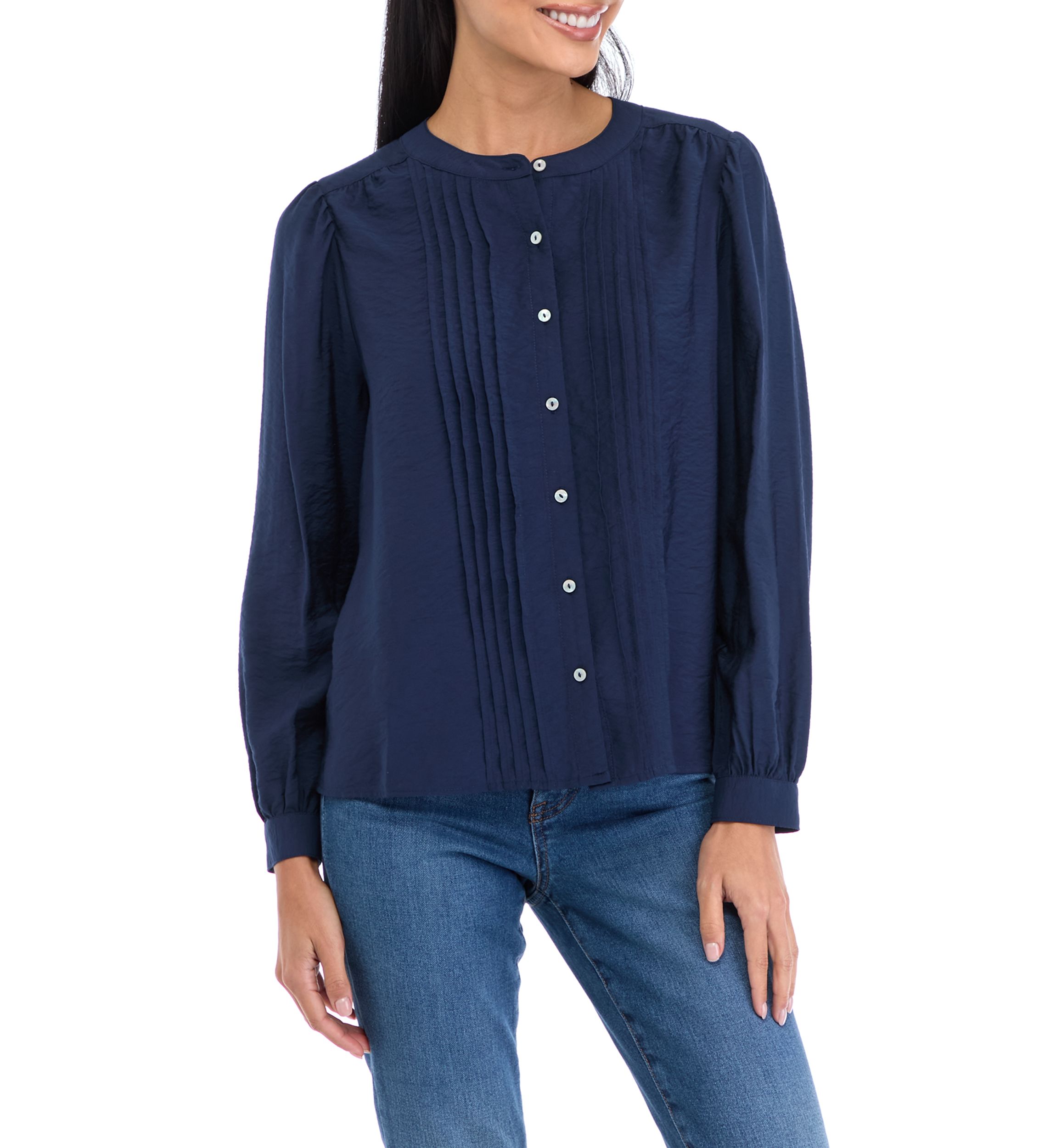 Petite Long Sleeve Pintuck Blouse