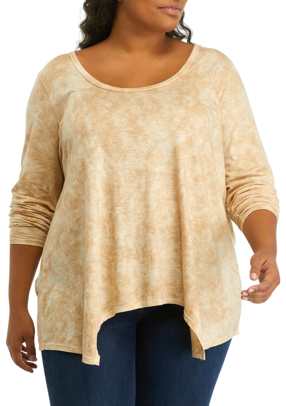 Plus Size Long Sleeve Scoop Neck Shark Bite Top