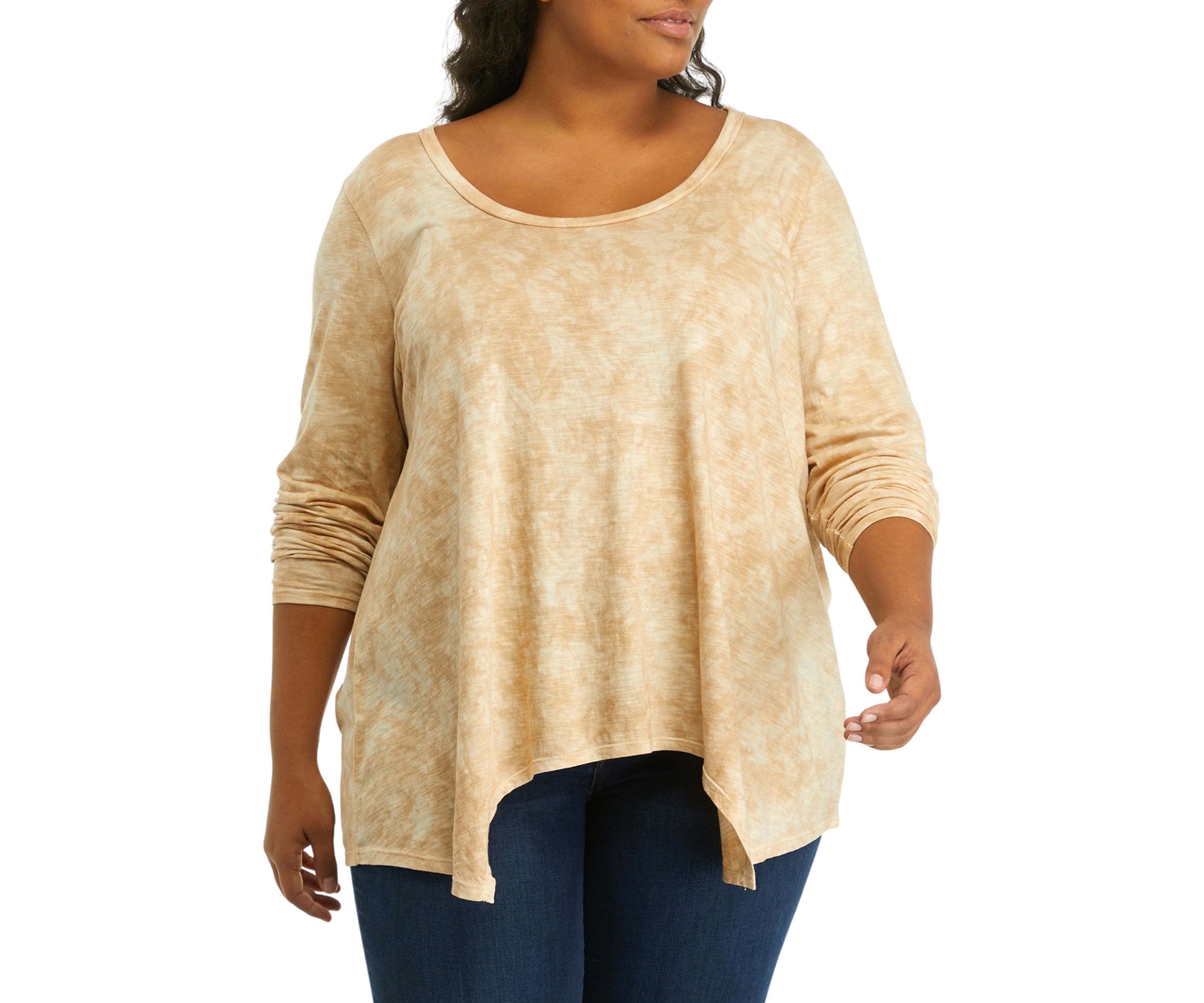 Plus Size Long Sleeve Scoop Neck Shark Bite Top
