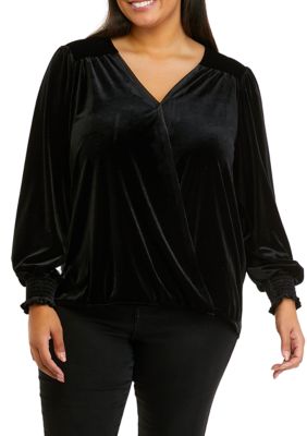 Wonderly Women's Plus Size Shirred Sleeve Wrap Top, Black, 4X