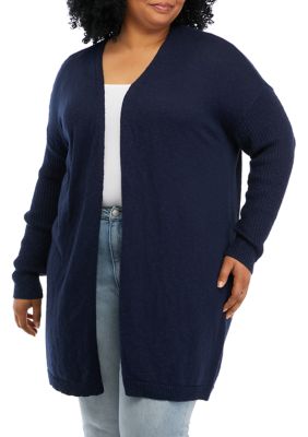 24/7 Comfort Apparel Knit Three Quarter Bell Sleeve Plus Size Open Cardigan Wine / 3X