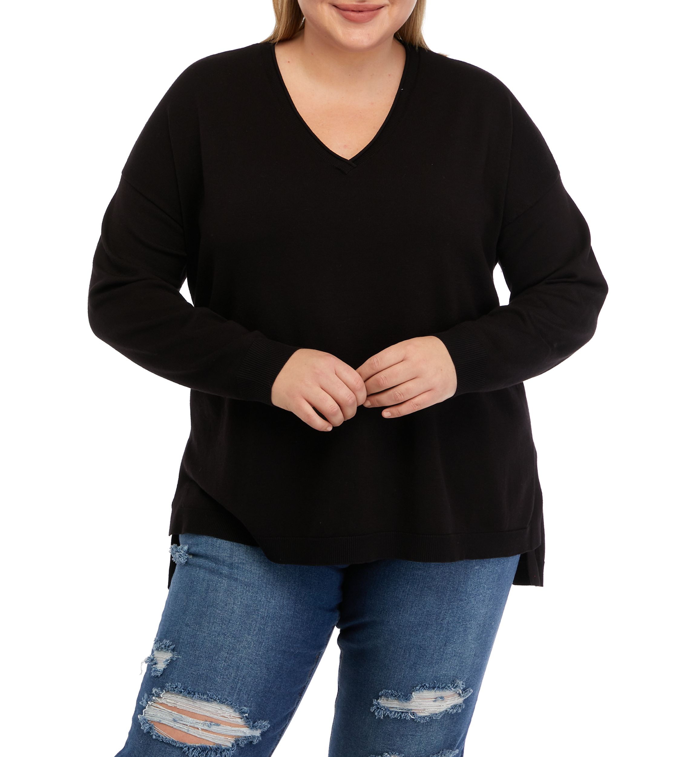 Plus Size Long Sleeve V-Neck Pullover Side Slit Sweater