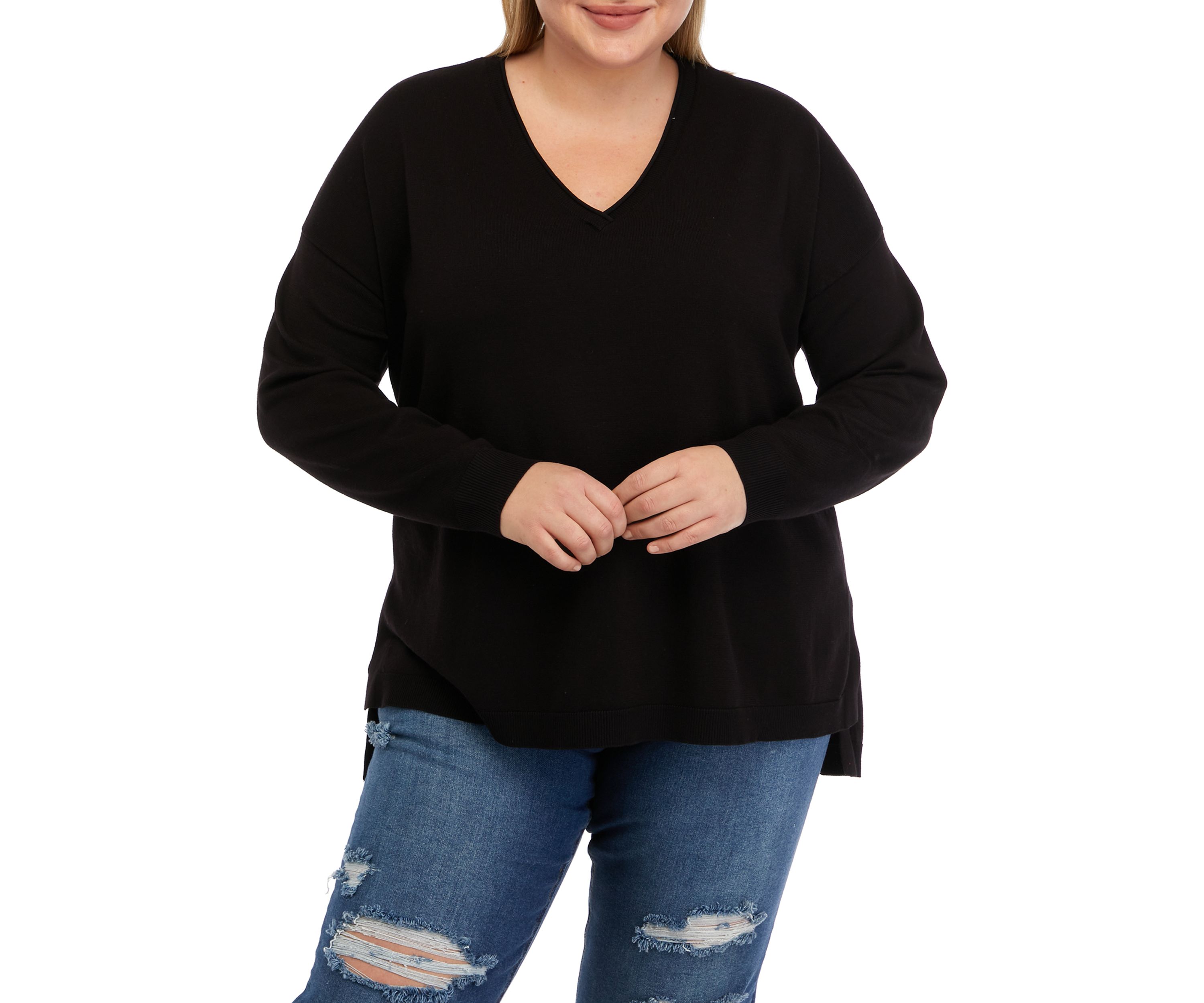 Plus Size Long Sleeve V-Neck Pullover Side Slit Sweater