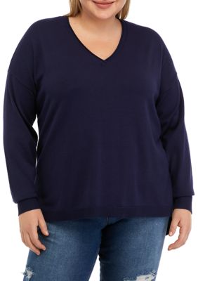 Wonderly Women's Plus Size Long Sleeve V-Neck Pullover Side Slit Sweater, Blue -  0480026891071