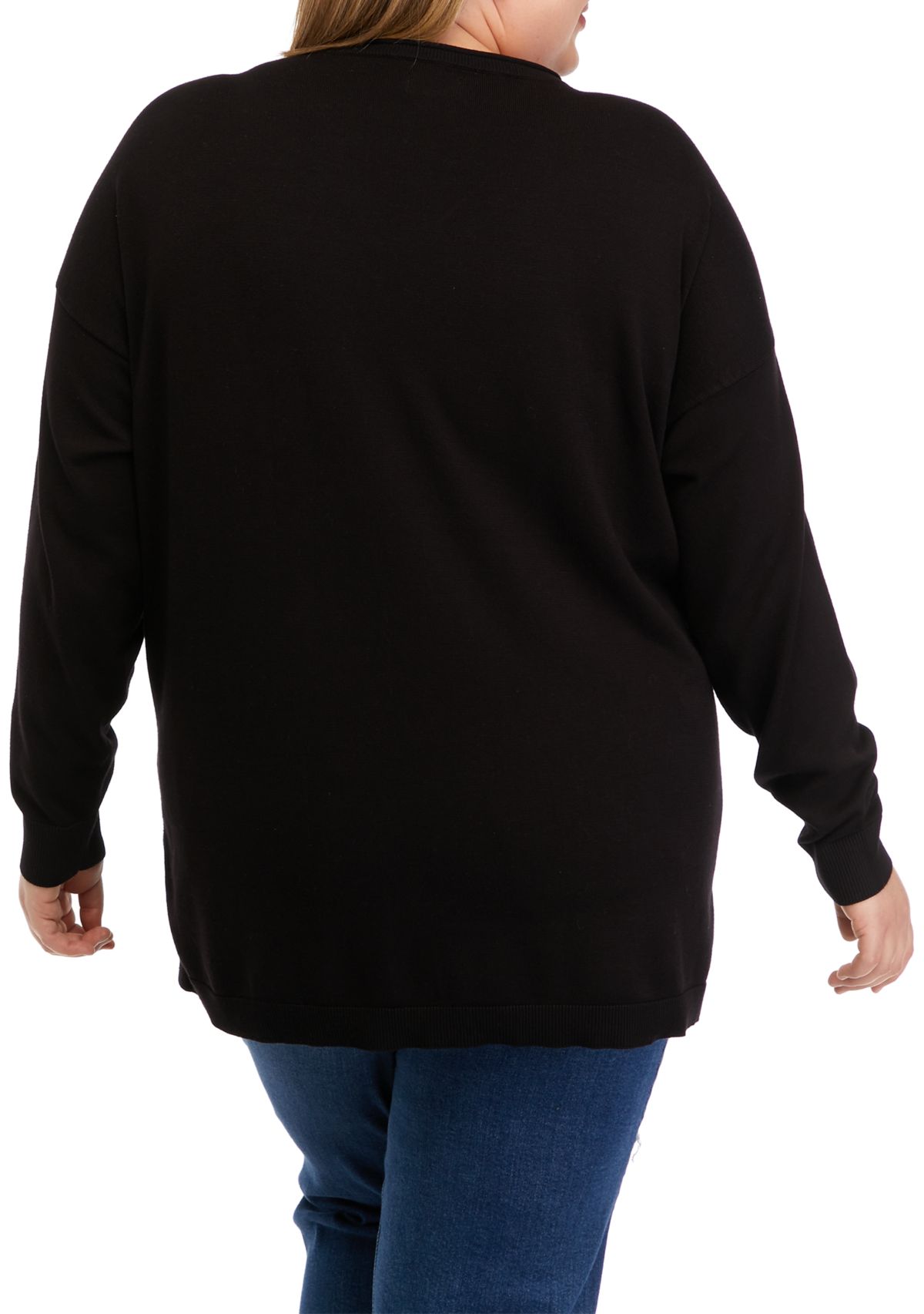 Plus Size Long Sleeve V-Neck Pullover Side Slit Sweater