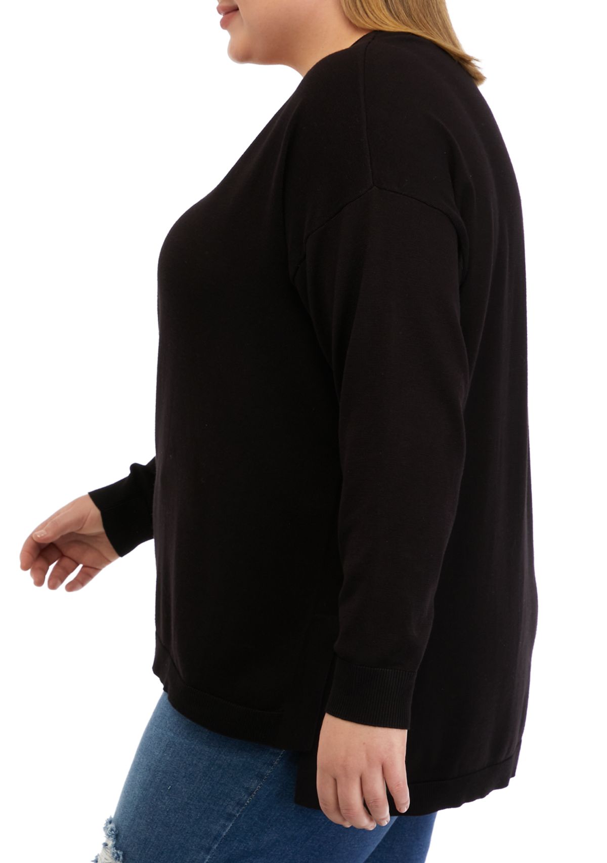 Plus Size Long Sleeve V-Neck Pullover Side Slit Sweater