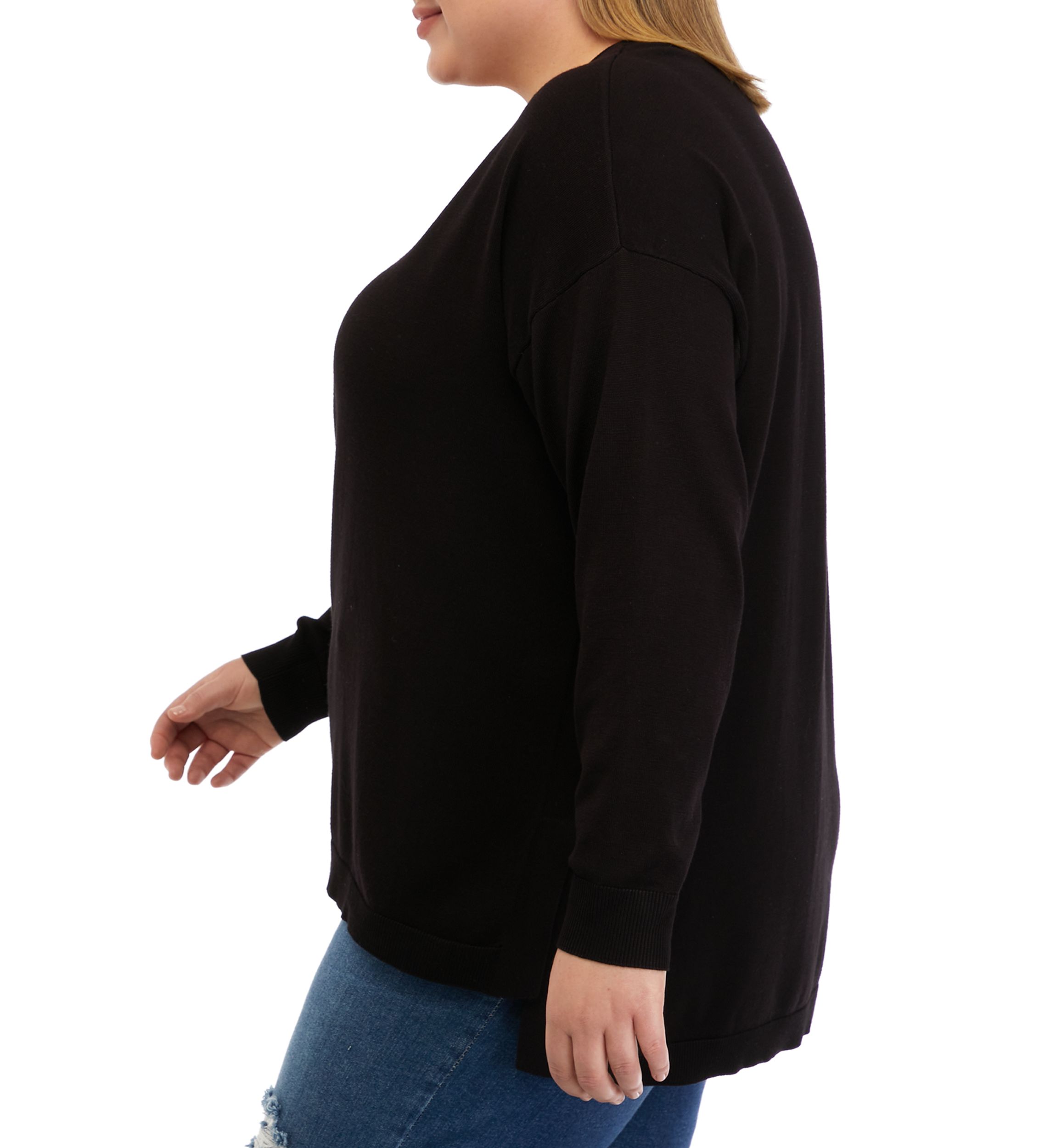 Plus Size Long Sleeve V-Neck Pullover Side Slit Sweater