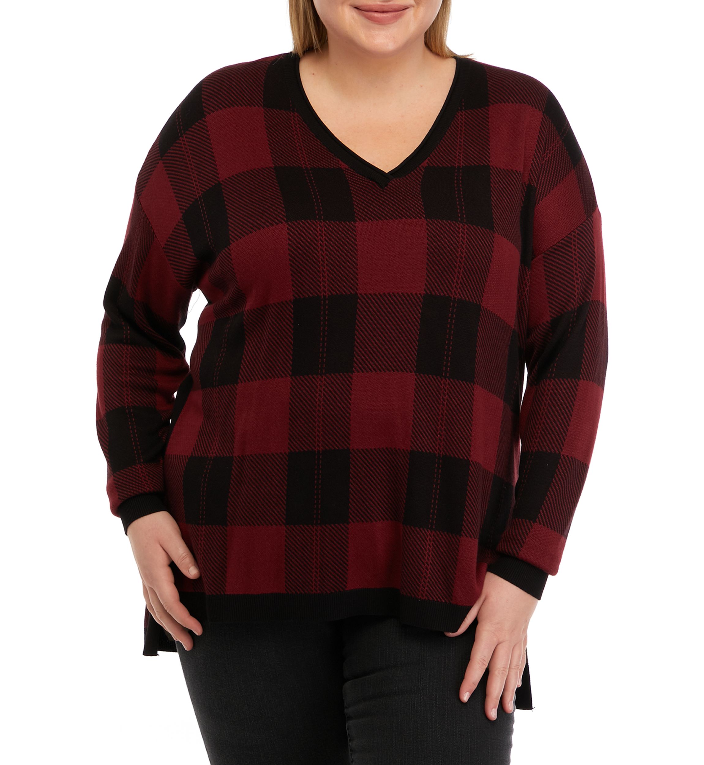 Plus Size Long Sleeve V-Neck Jacquard Pullover Sweater